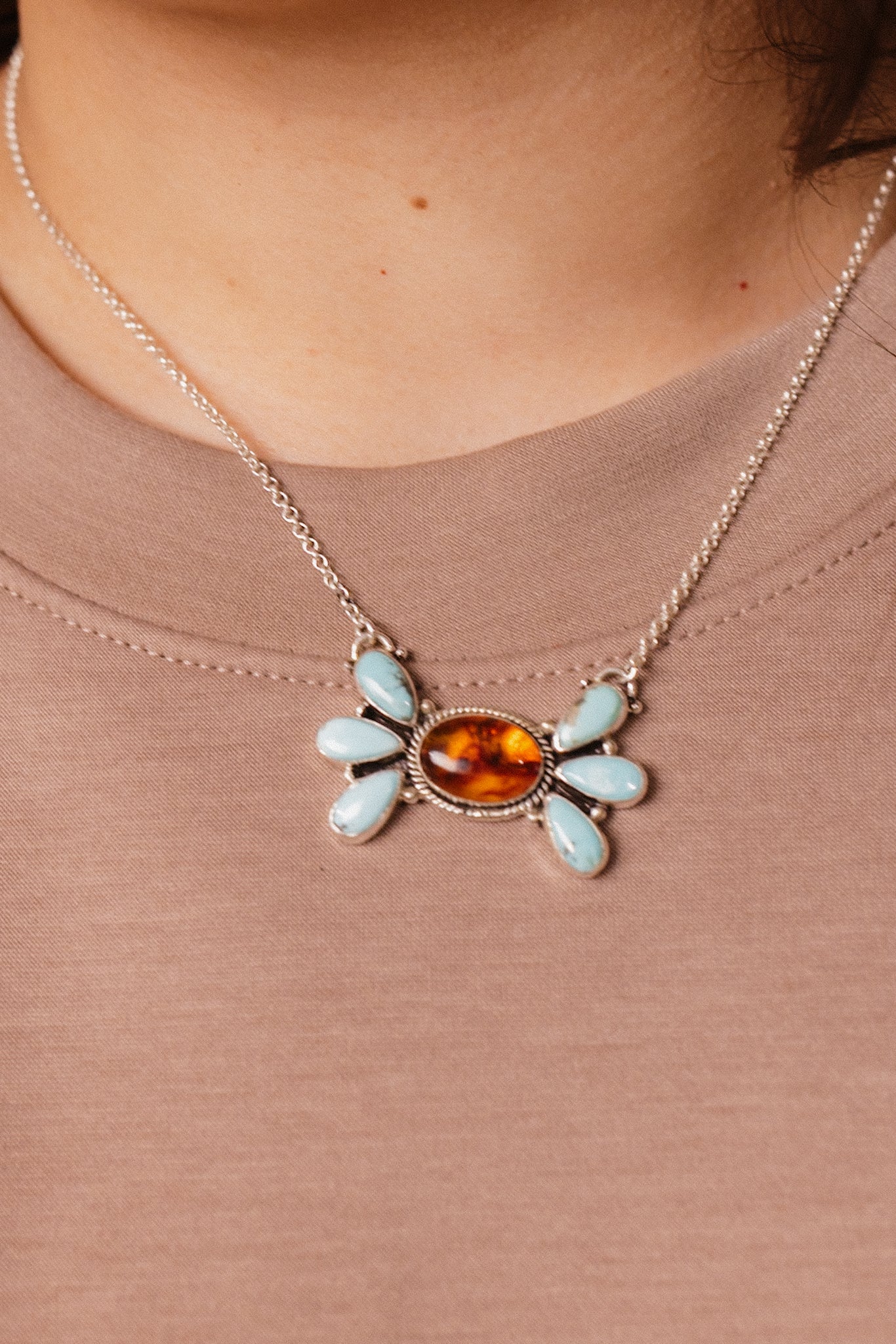 Baby Bell Turquoise & Amber Stone Necklace-Chain Necklaces-Krush Kandy, Women's Online Fashion Boutique Located in Phoenix, Arizona (Scottsdale Area)