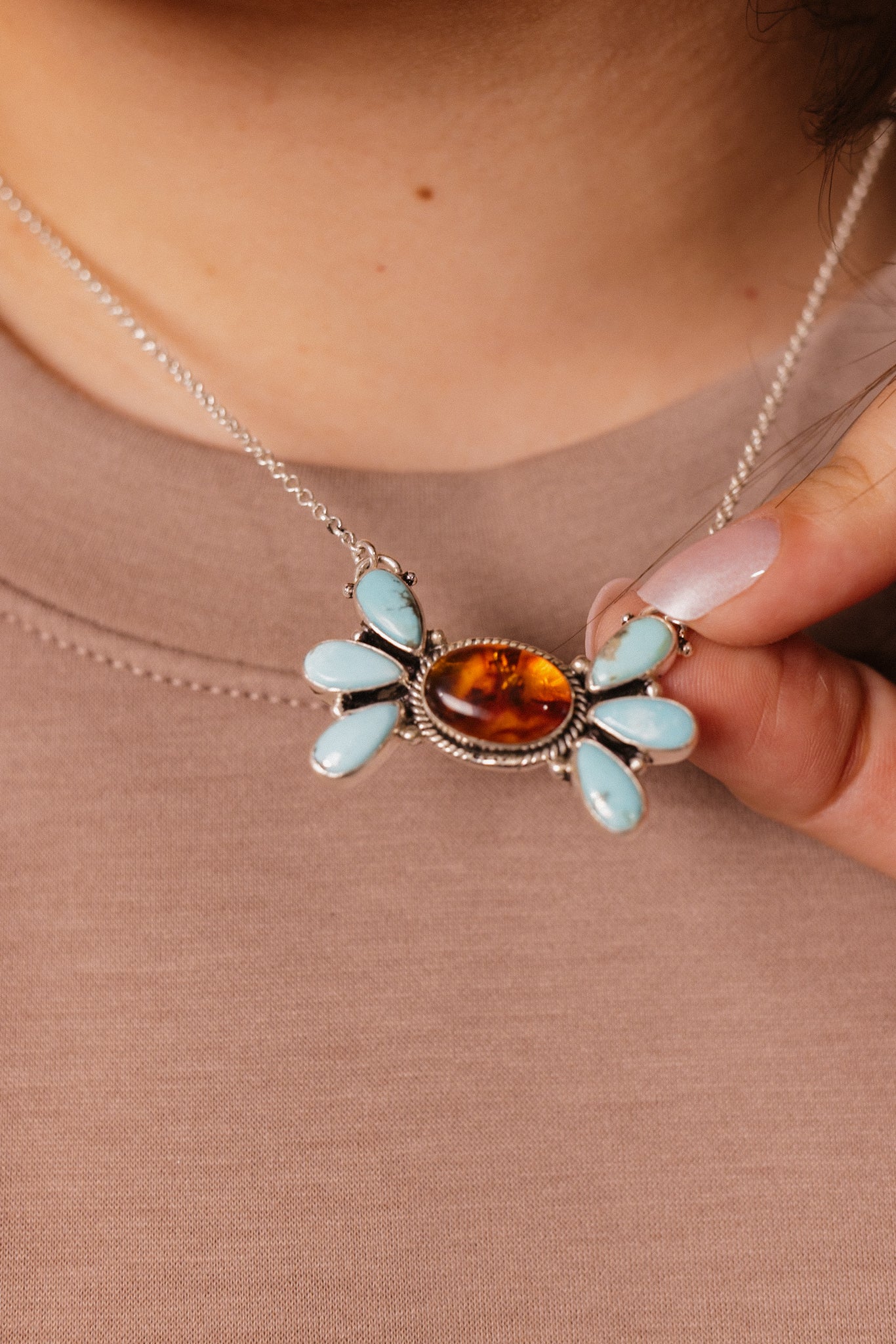 Baby Bell Turquoise & Amber Stone Necklace-Chain Necklaces-Krush Kandy, Women's Online Fashion Boutique Located in Phoenix, Arizona (Scottsdale Area)
