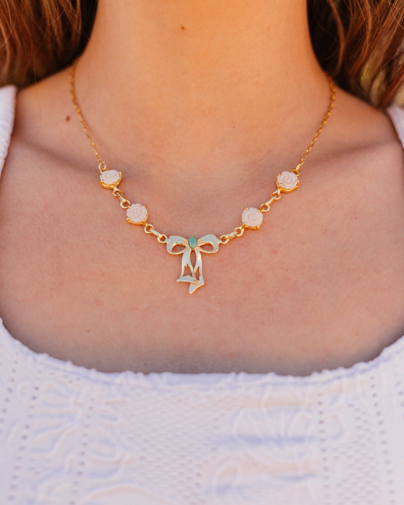Pink Conch & Turquoise Gold Bow Necklace-Necklaces-Krush Kandy, Women's Online Fashion Boutique Located in Phoenix, Arizona (Scottsdale Area)