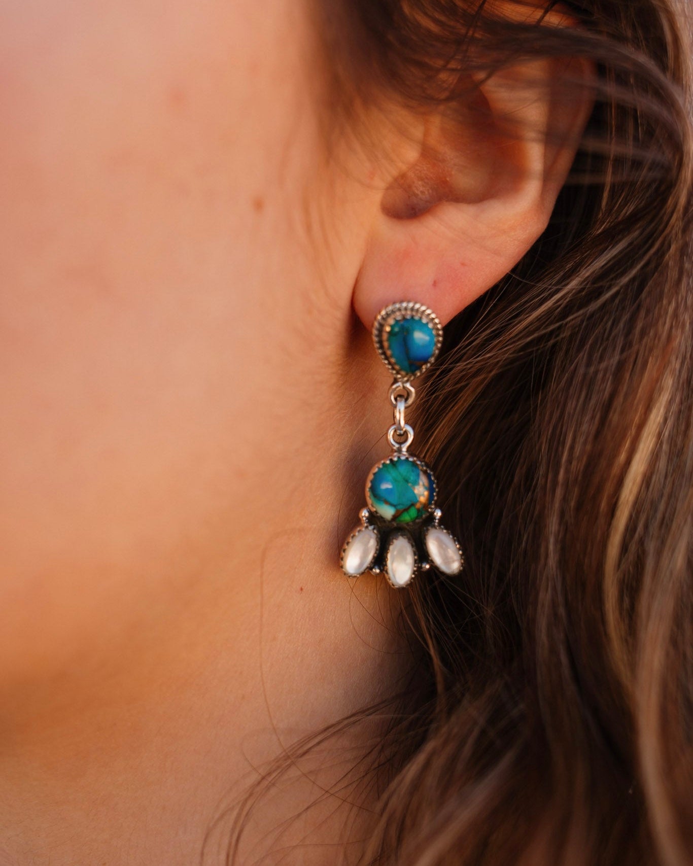 Peacock Dahlia & White Shell Clove Cluster Earrings-Earrings-Krush Kandy, Women's Online Fashion Boutique Located in Phoenix, Arizona (Scottsdale Area)