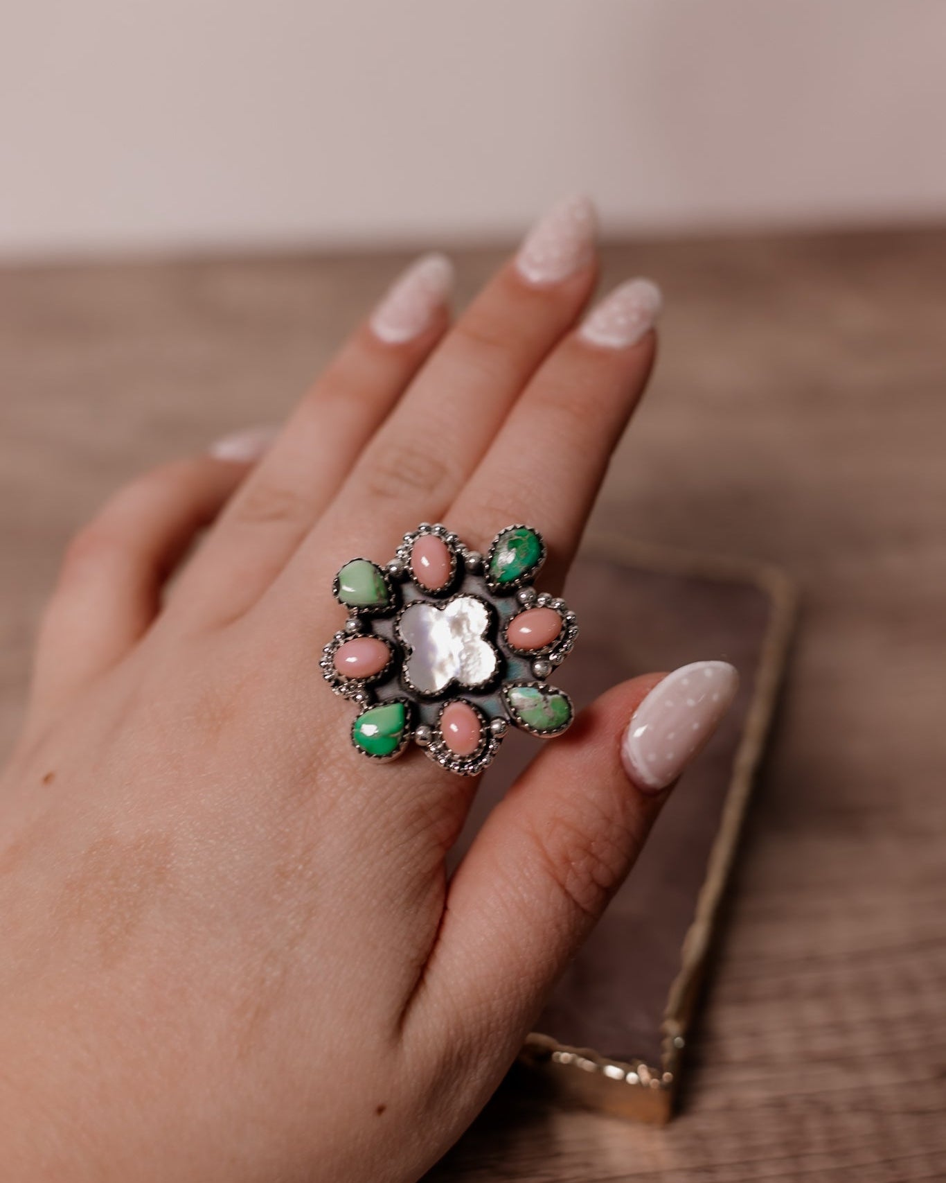 White Shell Clover & Multi Stone Ring-Rings-Krush Kandy, Women's Online Fashion Boutique Located in Phoenix, Arizona (Scottsdale Area)