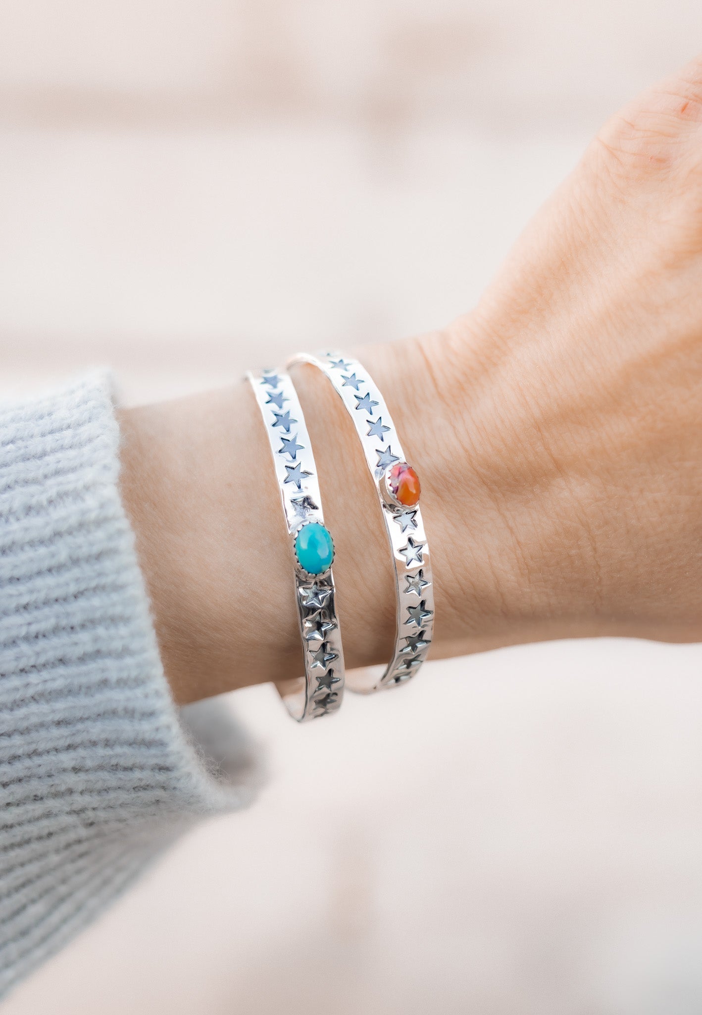 Star Stamped Single Stone Sterling Silver Cuff | PREORDER NOW OPEN-Cuffs-Krush Kandy, Women's Online Fashion Boutique Located in Phoenix, Arizona (Scottsdale Area)