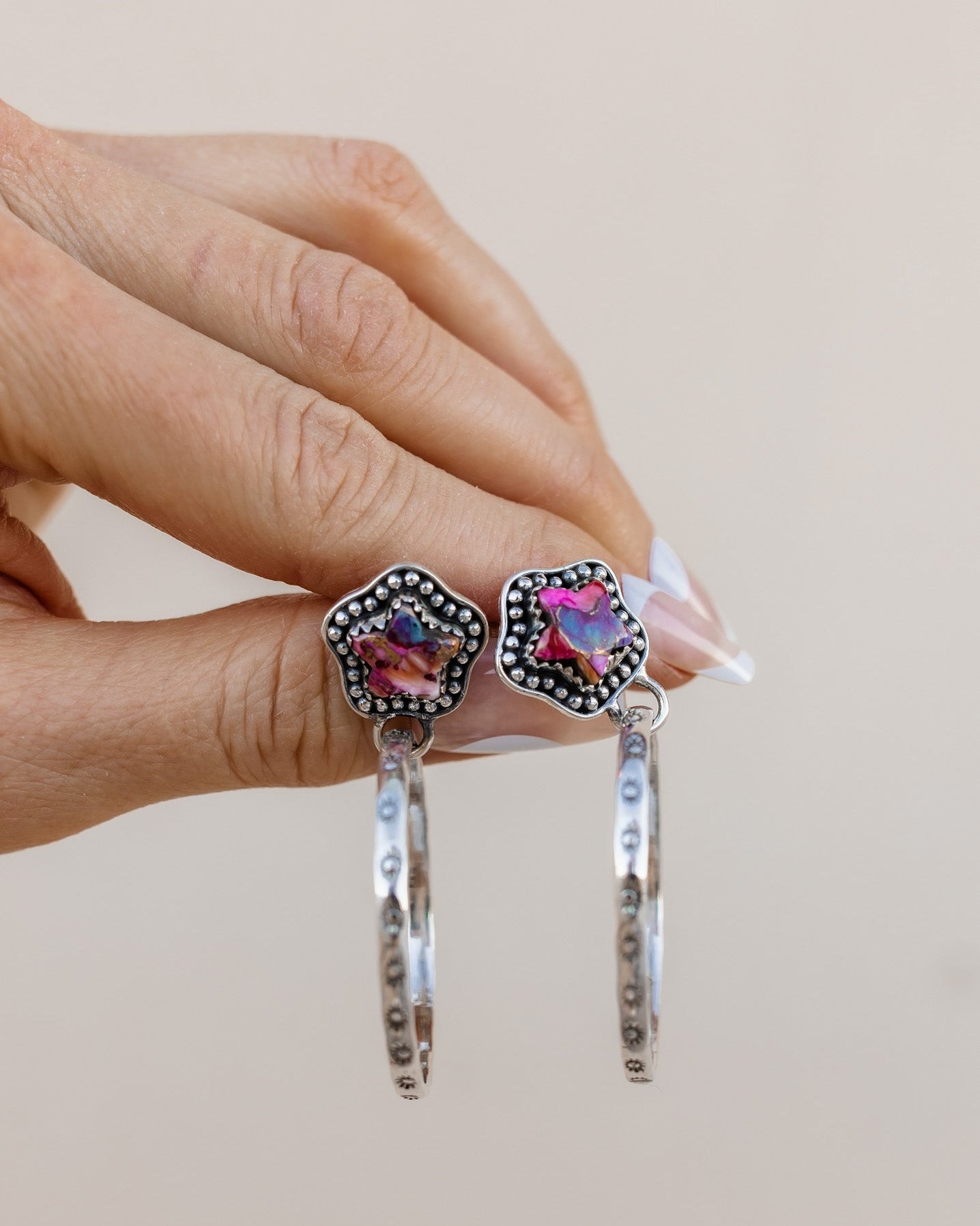 Star Stamped Hoop Sterling Silver Stone Earring MADE TO ORDER-Drop Earrings-Krush Kandy, Women's Online Fashion Boutique Located in Phoenix, Arizona (Scottsdale Area)