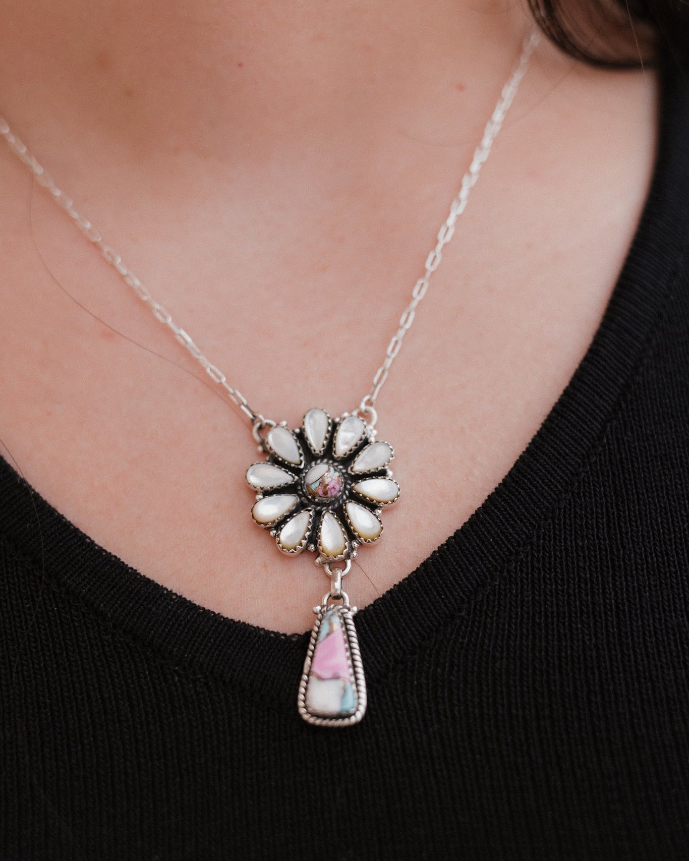 MOP & Cotton Candy Daisy Drop Necklace-Necklaces-Krush Kandy, Women's Online Fashion Boutique Located in Phoenix, Arizona (Scottsdale Area)