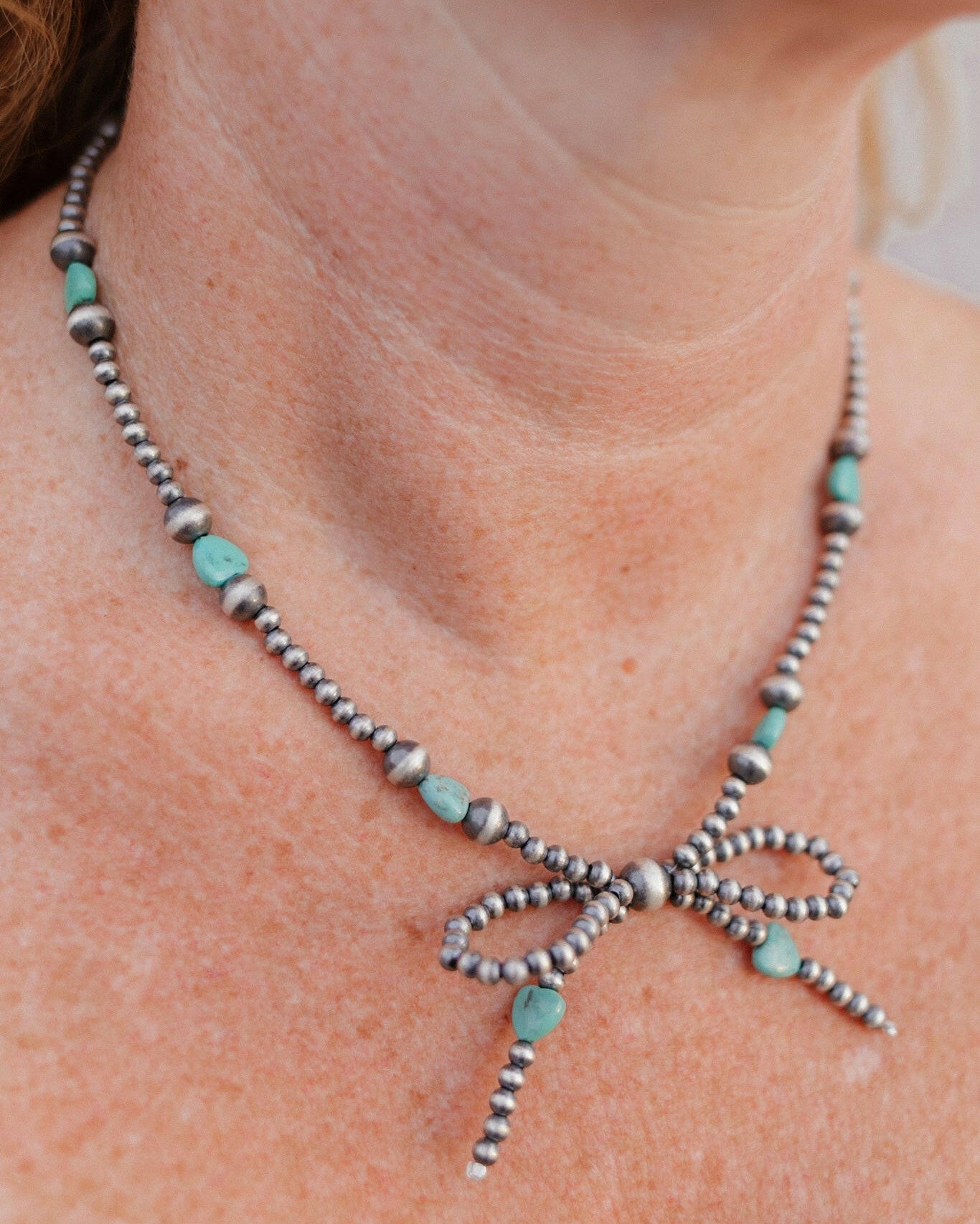 Turquoise Heart & Desert Pearl Bow Necklace-Chain Necklaces-Krush Kandy, Women's Online Fashion Boutique Located in Phoenix, Arizona (Scottsdale Area)