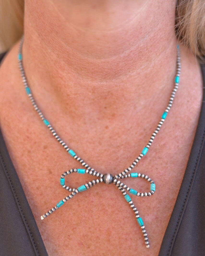 Turquoise Slabs & Desert Pearl Bow Necklace-Chain Necklaces-Krush Kandy, Women's Online Fashion Boutique Located in Phoenix, Arizona (Scottsdale Area)