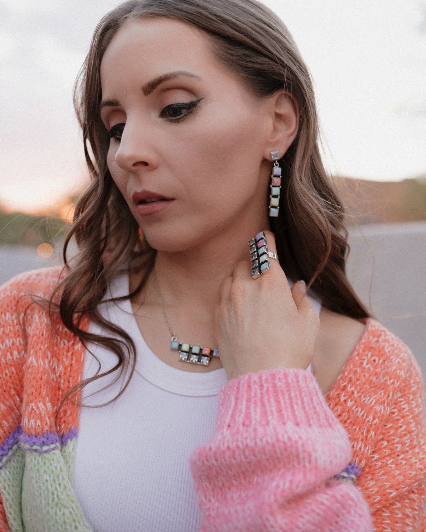 Multi Opal & Crystal Bar Set-Chain Necklaces-Krush Kandy, Women's Online Fashion Boutique Located in Phoenix, Arizona (Scottsdale Area)