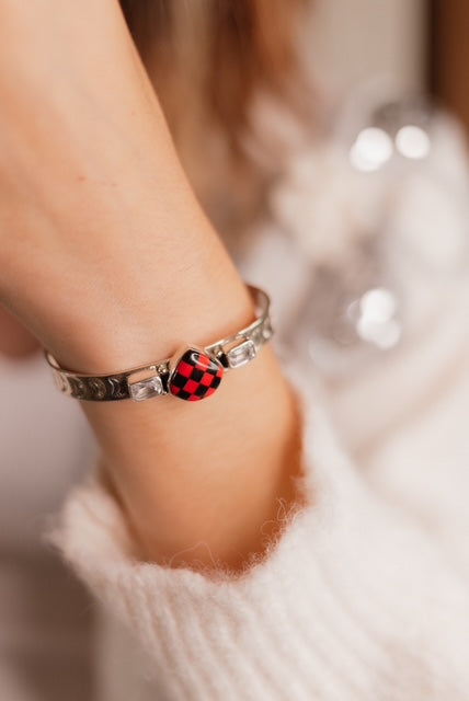 Red Checkered Teardrop & White CZ Cuff-Bracelets-Krush Kandy, Women's Online Fashion Boutique Located in Phoenix, Arizona (Scottsdale Area)