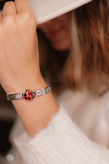 Red Checkered Teardrop & White CZ Cuff-Bracelets-Krush Kandy, Women's Online Fashion Boutique Located in Phoenix, Arizona (Scottsdale Area)