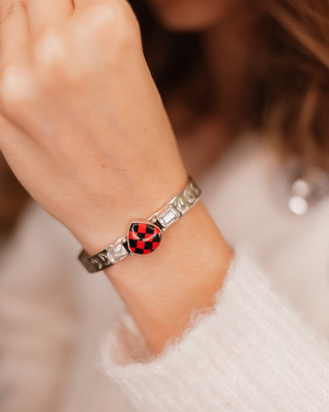 Red Checkered Teardrop & White CZ Cuff-Bracelets-Krush Kandy, Women's Online Fashion Boutique Located in Phoenix, Arizona (Scottsdale Area)