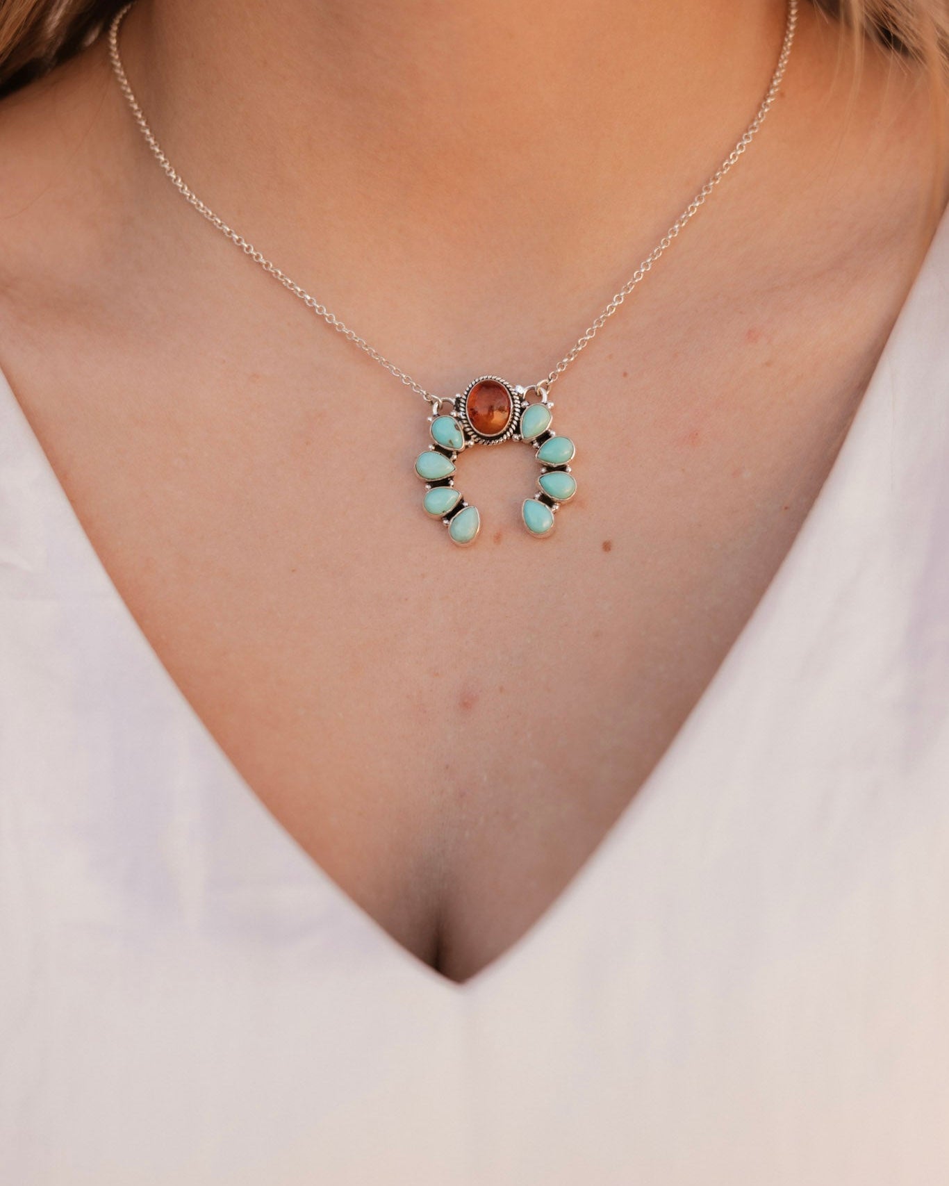 Amber & Turquoise Horseshoe Necklace-Chain Necklaces-Krush Kandy, Women's Online Fashion Boutique Located in Phoenix, Arizona (Scottsdale Area)