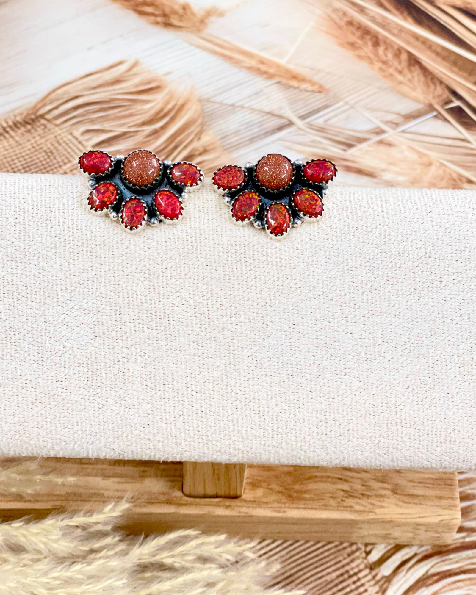 Red Opal & Sunstone Half Cluster Earrings-Stud Earrings-Krush Kandy, Women's Online Fashion Boutique Located in Phoenix, Arizona (Scottsdale Area)