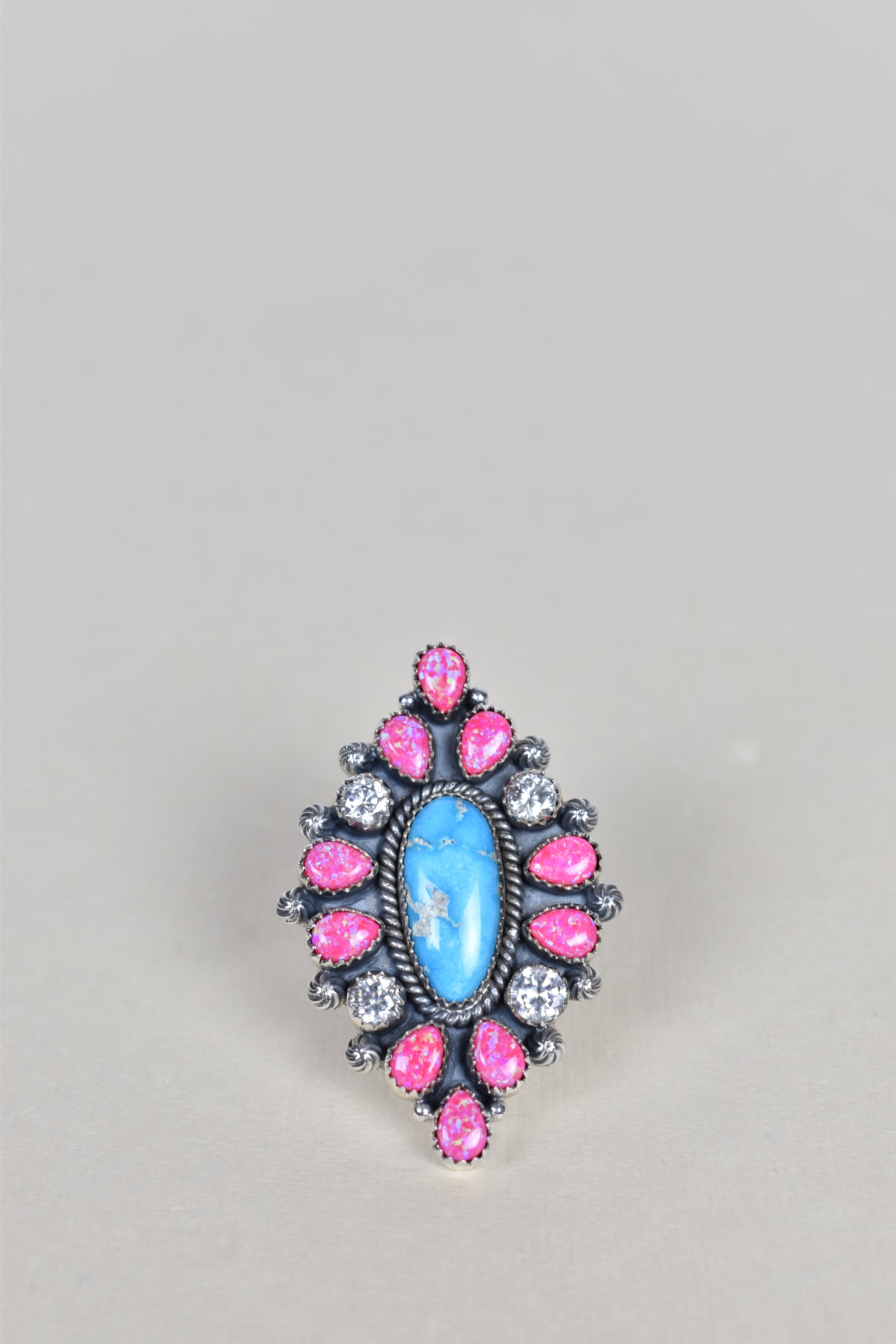 Blue Ridge Turquoise, Neon Pink Opal & Crystal One of A Kind Ring-Cluster Rings-Krush Kandy, Women's Online Fashion Boutique Located in Phoenix, Arizona (Scottsdale Area)