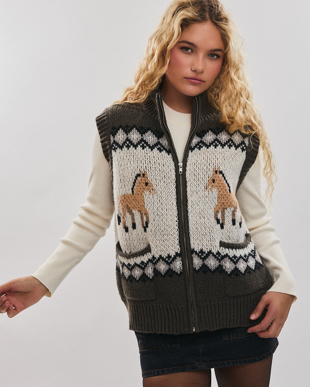Frontier Charm Horse Knit Zip Vest-Vests-Krush Kandy, Women's Online Fashion Boutique Located in Phoenix, Arizona (Scottsdale Area)