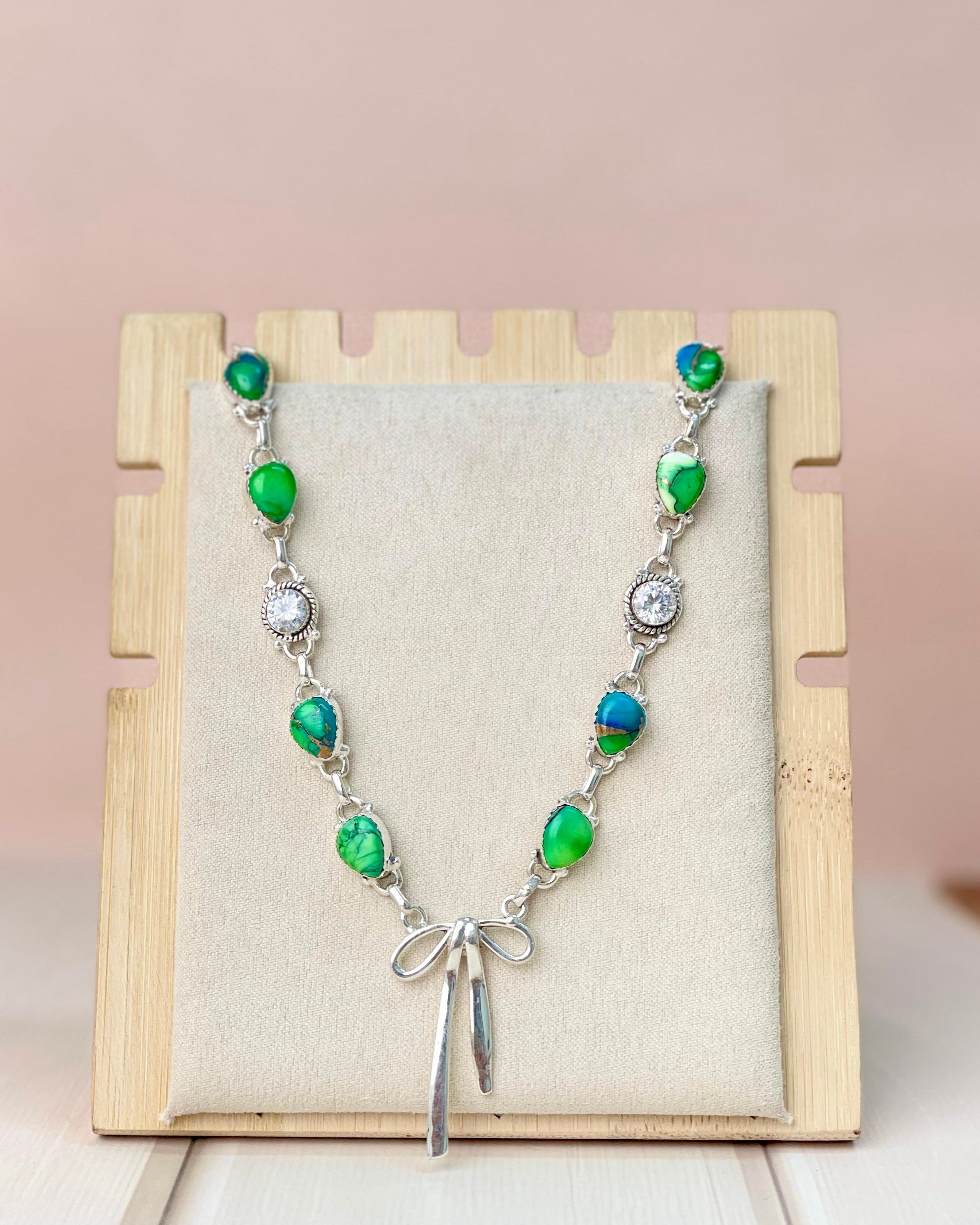 Peacock Dahlia Crystal and Bow Necklace-Necklaces-Krush Kandy, Women's Online Fashion Boutique Located in Phoenix, Arizona (Scottsdale Area)