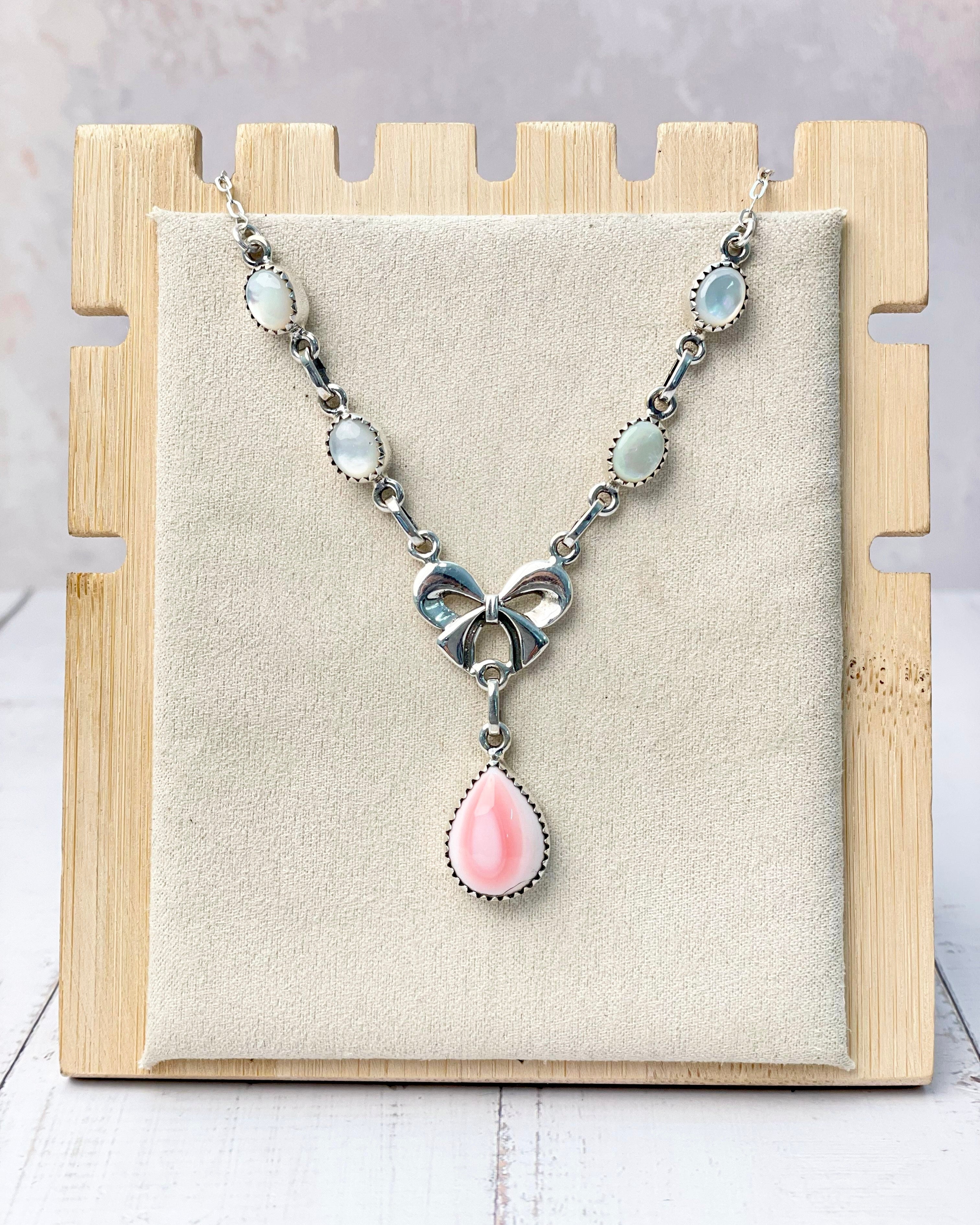 Pink Conch, White Shell & Crystal Bow Necklace-Necklaces-Krush Kandy, Women's Online Fashion Boutique Located in Phoenix, Arizona (Scottsdale Area)