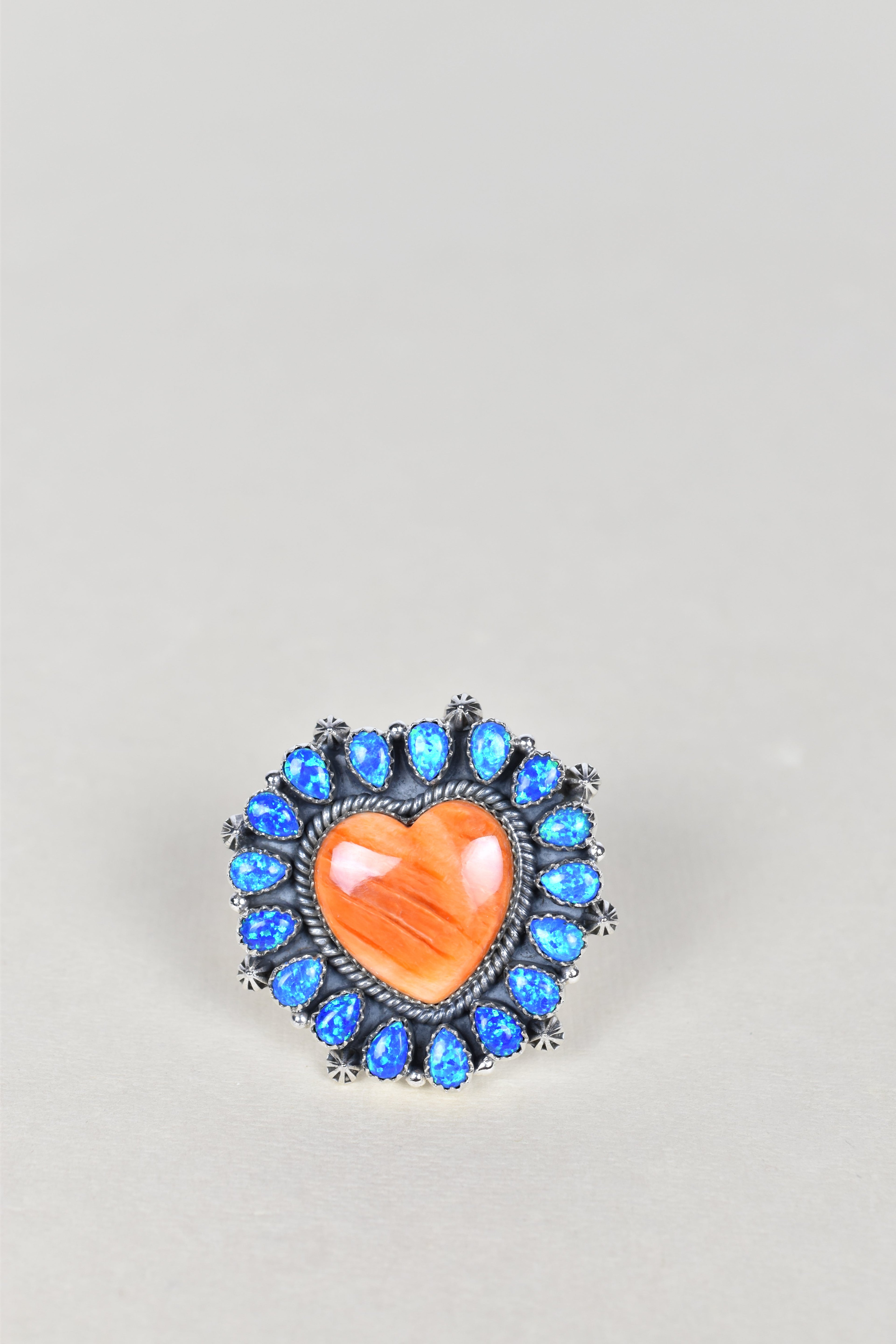 Orange Spiny Oyster Heart & Blue Opal One of A Kind Ring-Cluster Rings-Krush Kandy, Women's Online Fashion Boutique Located in Phoenix, Arizona (Scottsdale Area)