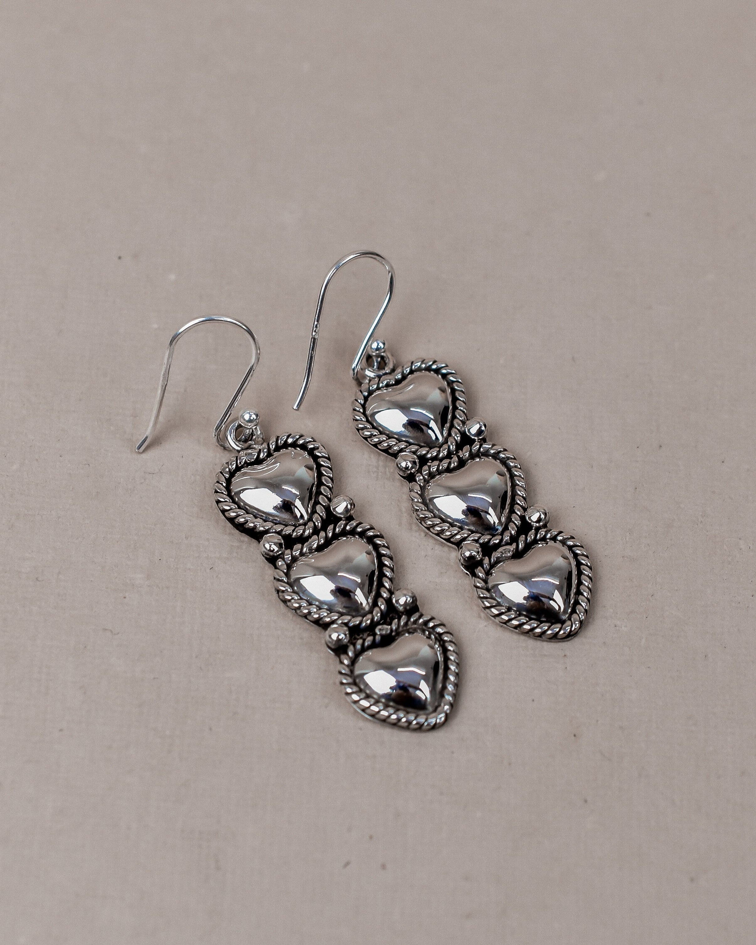 Tri-Heart Sterling Silver Earrings-Drop Earrings-Krush Kandy, Women's Online Fashion Boutique Located in Phoenix, Arizona (Scottsdale Area)