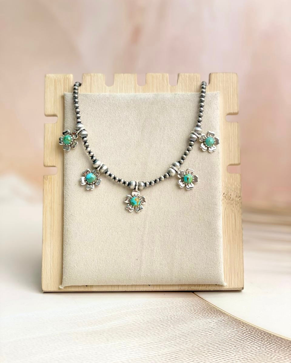 Sterling Silver & Turquoise Flower Desert Pearl Necklace-Necklaces-Krush Kandy, Women's Online Fashion Boutique Located in Phoenix, Arizona (Scottsdale Area)