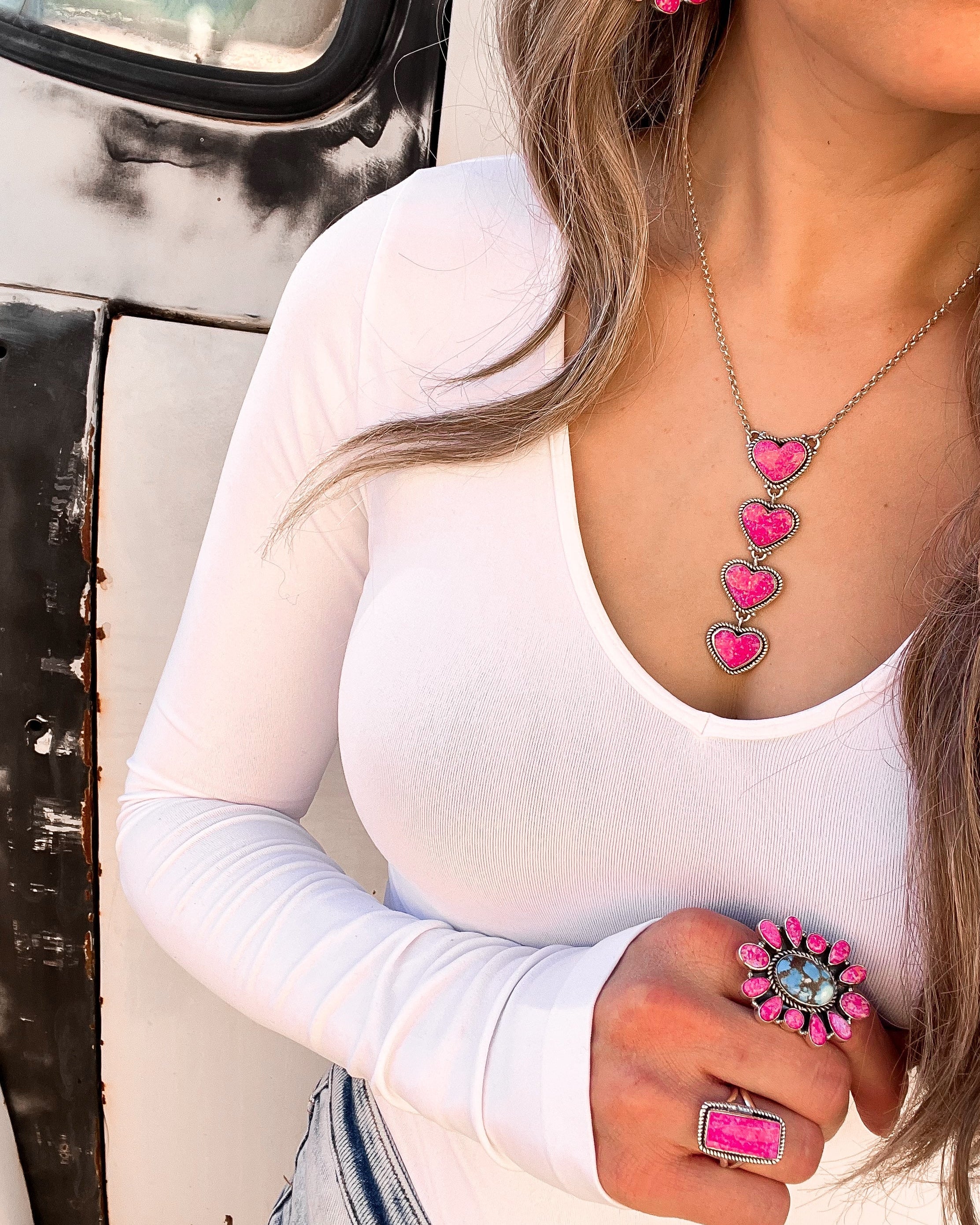 Four Heart Stone Drop Necklace | PREORDER NOW OPEN!-Squash Blossom Necklaces-Krush Kandy, Women's Online Fashion Boutique Located in Phoenix, Arizona (Scottsdale Area)