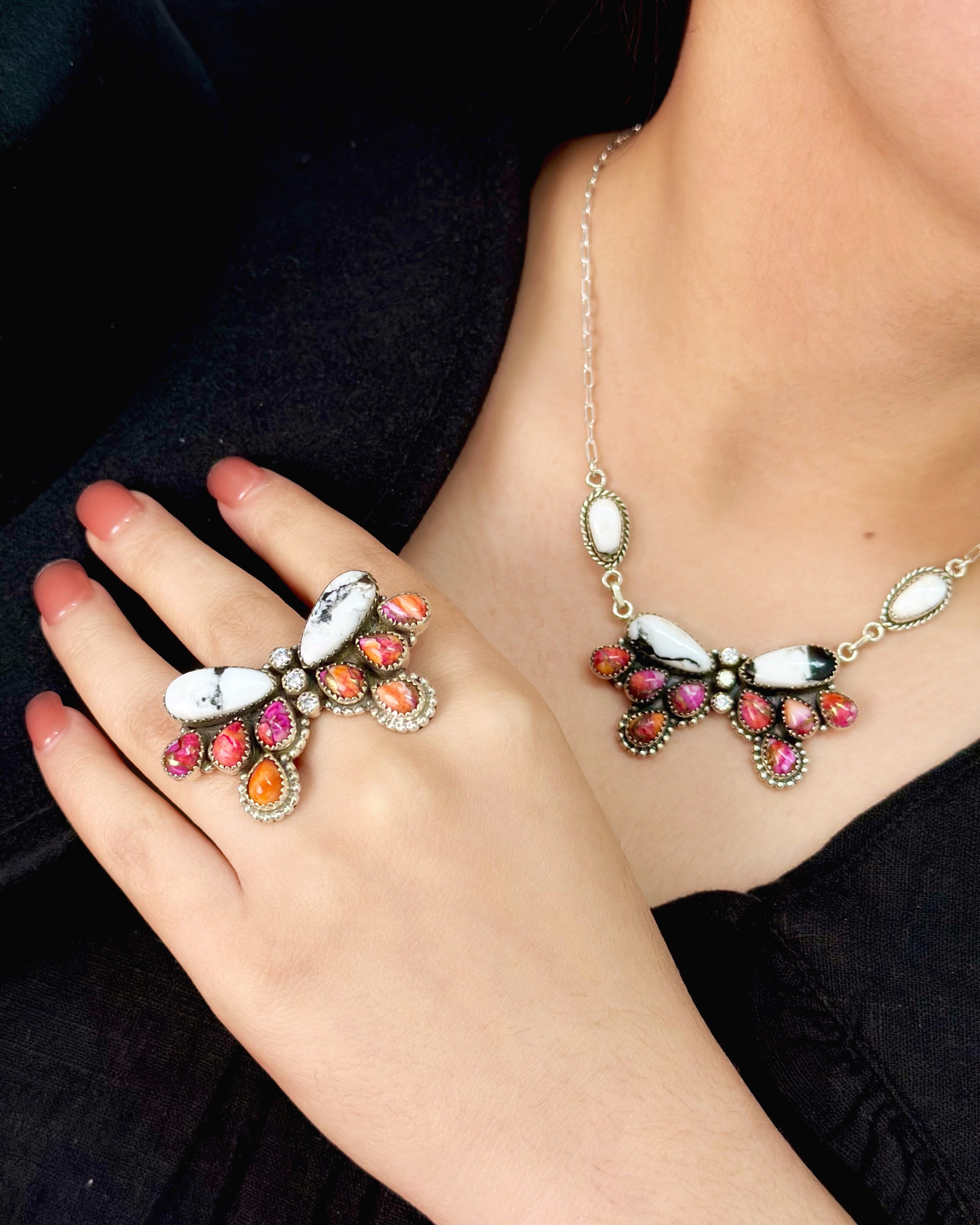 White Buffalo & Pink Dahlia Ruffled Bow Set-Necklaces-Krush Kandy, Women's Online Fashion Boutique Located in Phoenix, Arizona (Scottsdale Area)