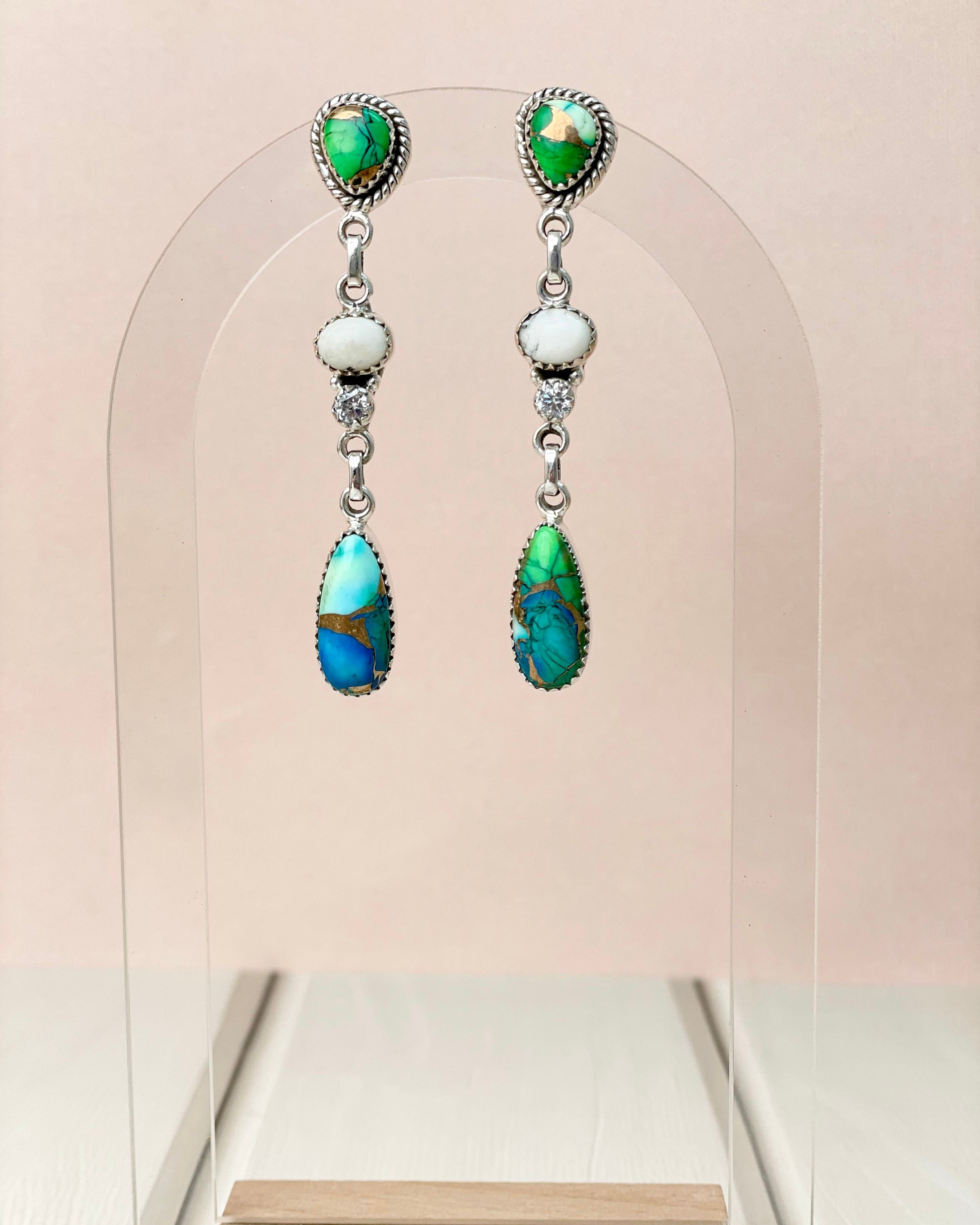 Peacock Dahlia 3 Stone Drop Earrings-Earrings-Krush Kandy, Women's Online Fashion Boutique Located in Phoenix, Arizona (Scottsdale Area)