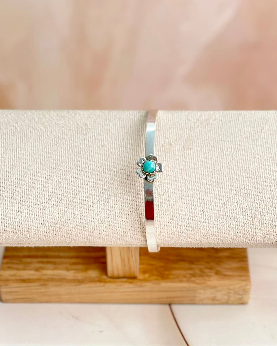 Delicate Silver & Turquoise Flower Bangle-Bracelets-Krush Kandy, Women's Online Fashion Boutique Located in Phoenix, Arizona (Scottsdale Area)