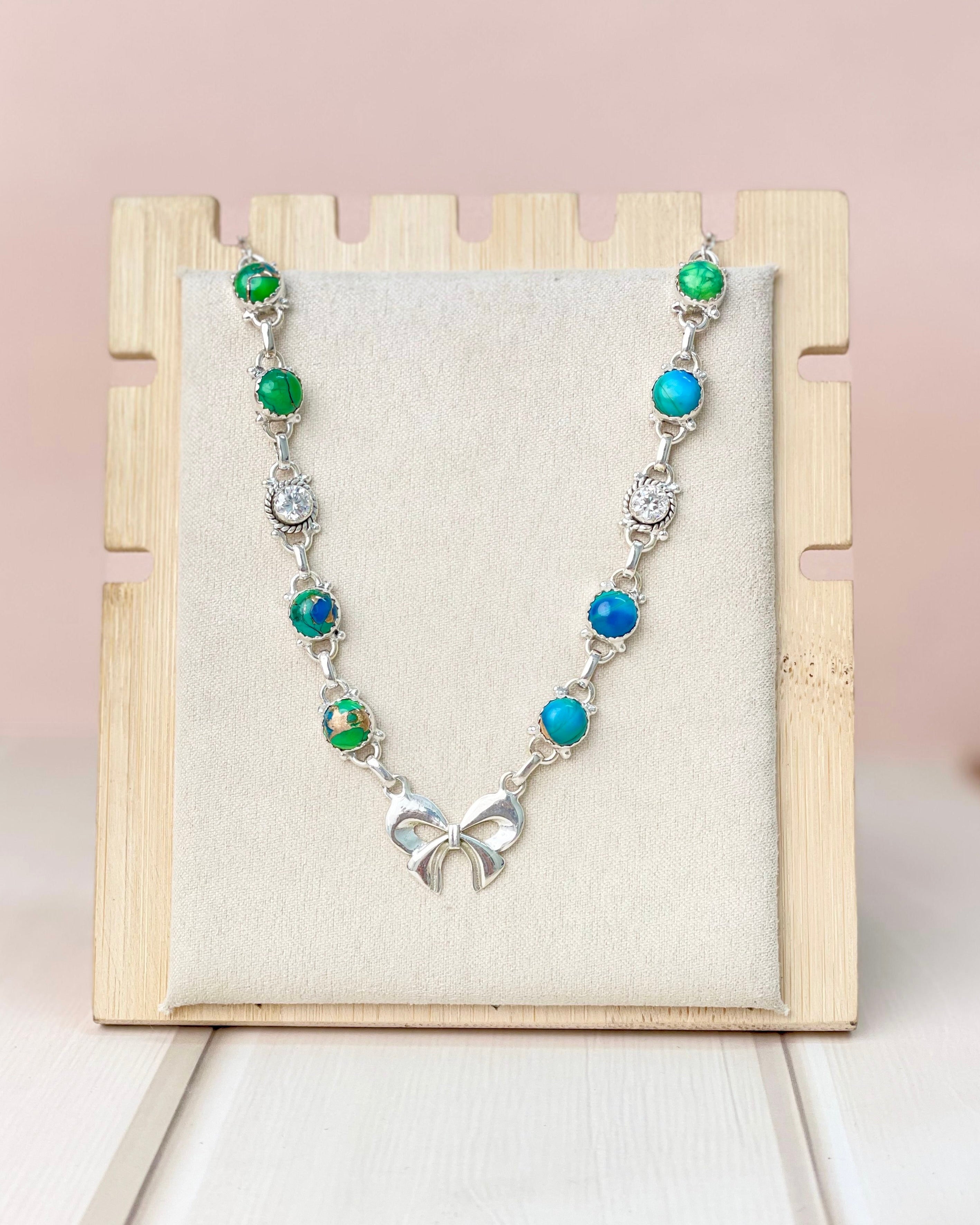 Peacock Dahlia and CZ Bow Necklace-Necklaces-Krush Kandy, Women's Online Fashion Boutique Located in Phoenix, Arizona (Scottsdale Area)