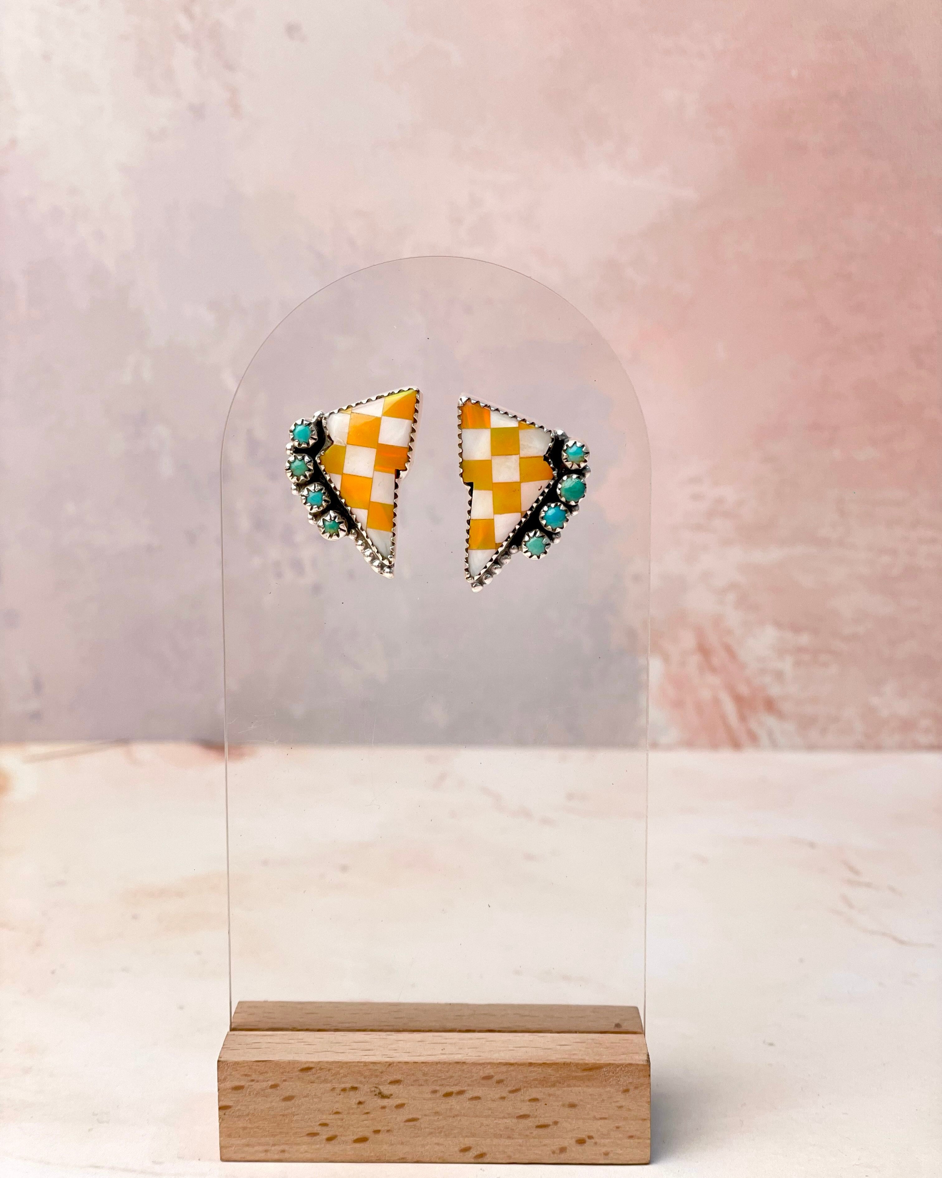 Orange Kandy Checkered Turquoise Bolt Studs-Earrings-Krush Kandy, Women's Online Fashion Boutique Located in Phoenix, Arizona (Scottsdale Area)