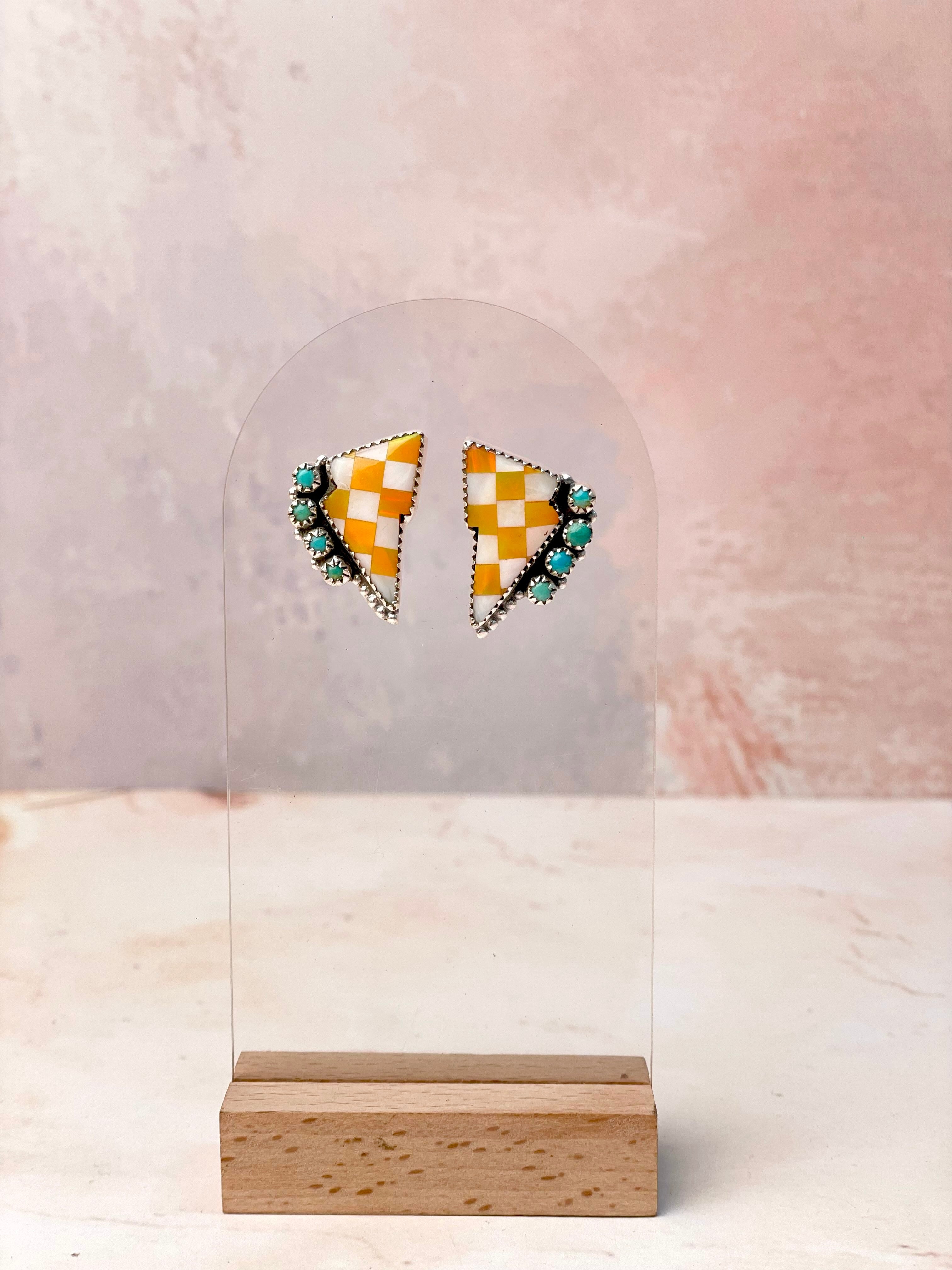 Orange Kandy Checkered Turquoise Bolt Studs-Earrings-Krush Kandy, Women's Online Fashion Boutique Located in Phoenix, Arizona (Scottsdale Area)