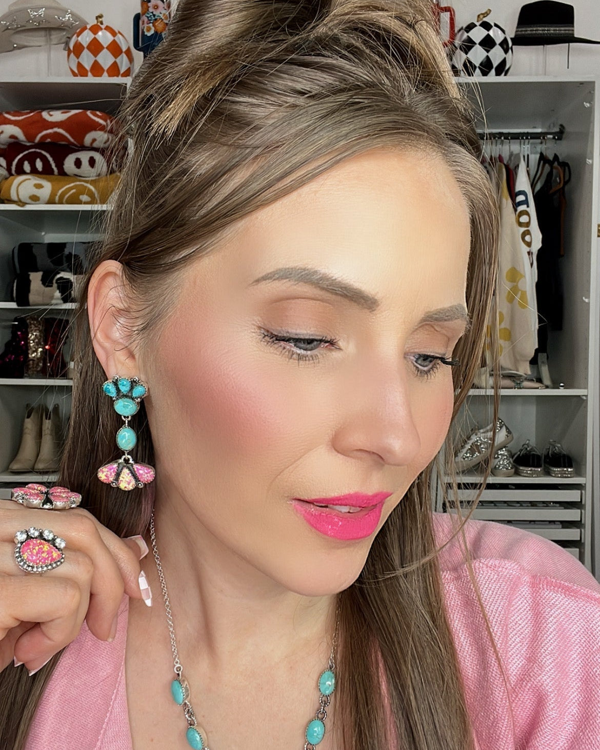 Kristyns Pink Fire Opal & Turquoise EARRINGS | PREORDER-Krush Kandy, Women's Online Fashion Boutique Located in Phoenix, Arizona (Scottsdale Area)