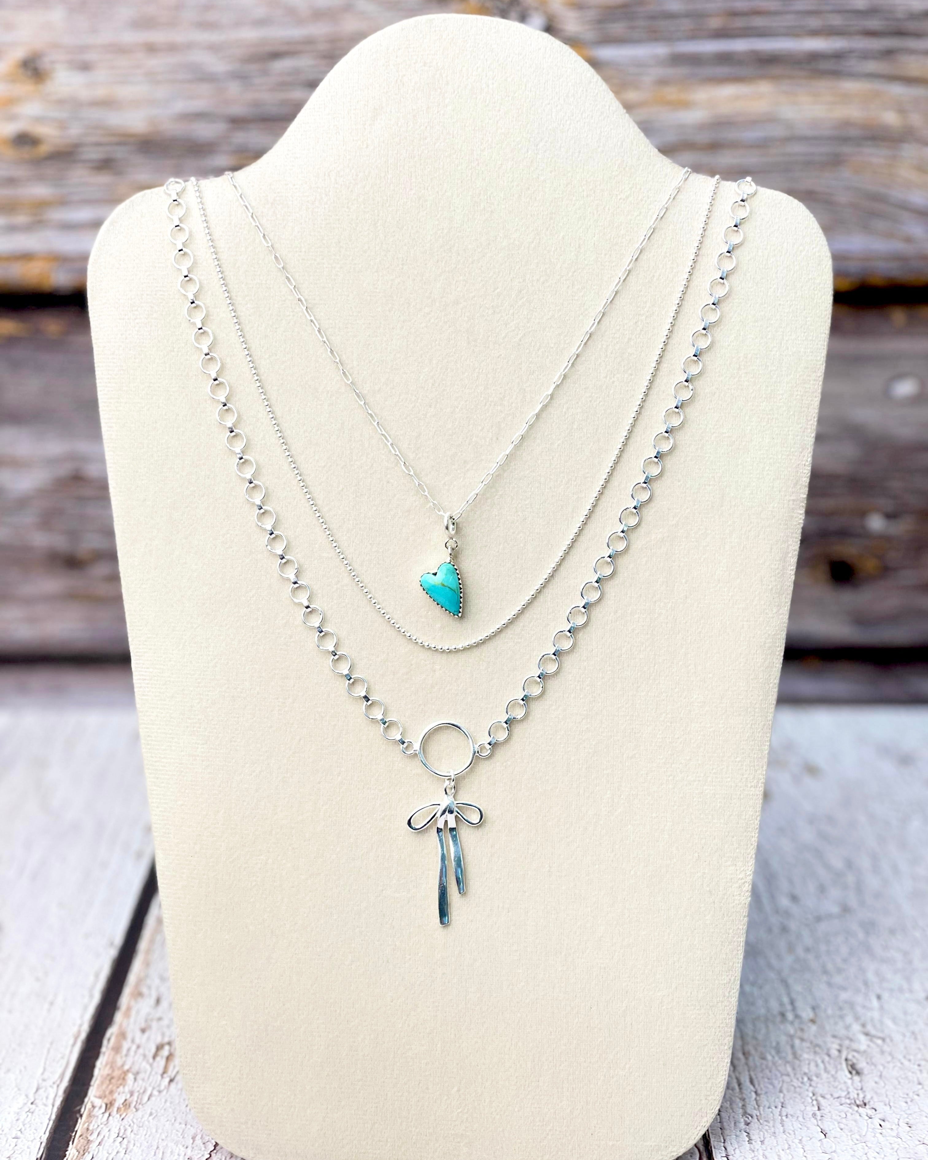 Multi-Layer Sterling Bow And Stone Heart Necklace-Necklaces-Krush Kandy, Women's Online Fashion Boutique Located in Phoenix, Arizona (Scottsdale Area)