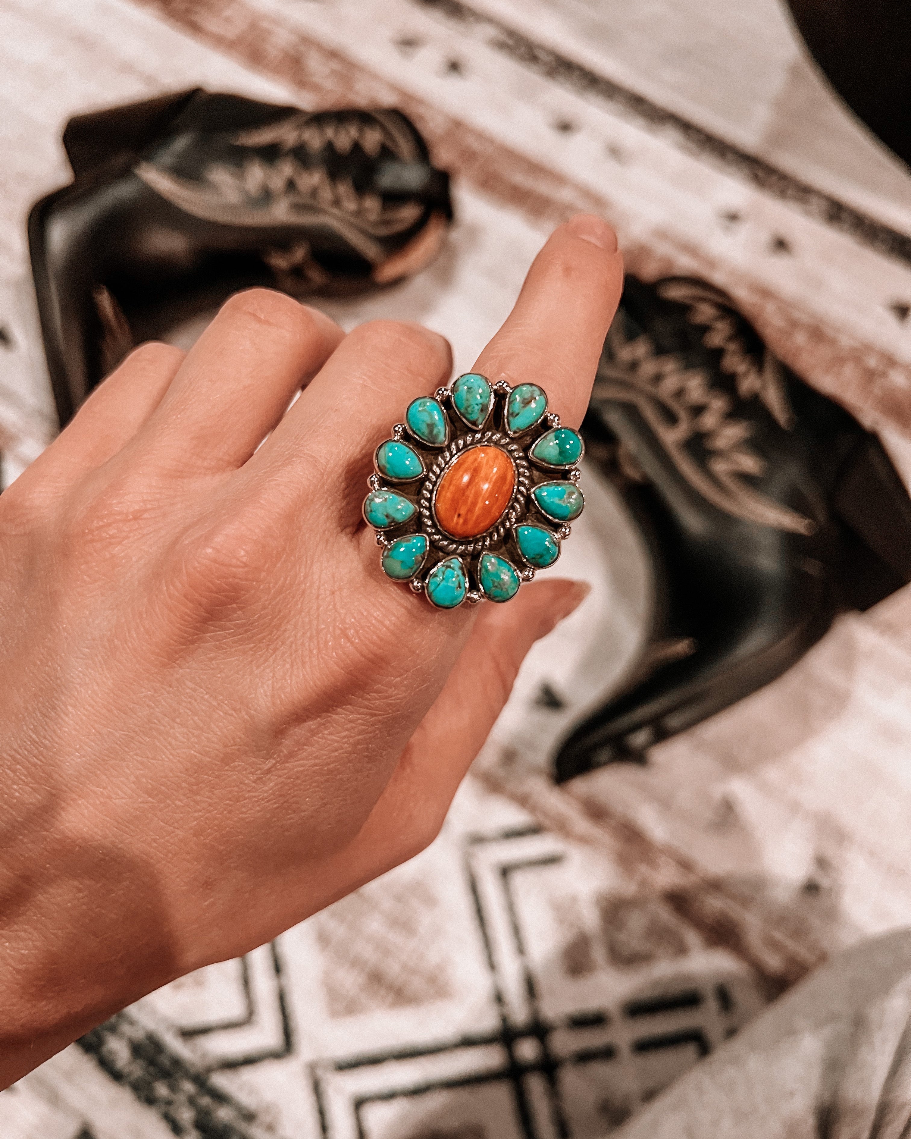 Turquoise & Spiny Oyster Blossom Ring | Krush Kandy Original-Krush Kandy, Women's Online Fashion Boutique Located in Phoenix, Arizona (Scottsdale Area)