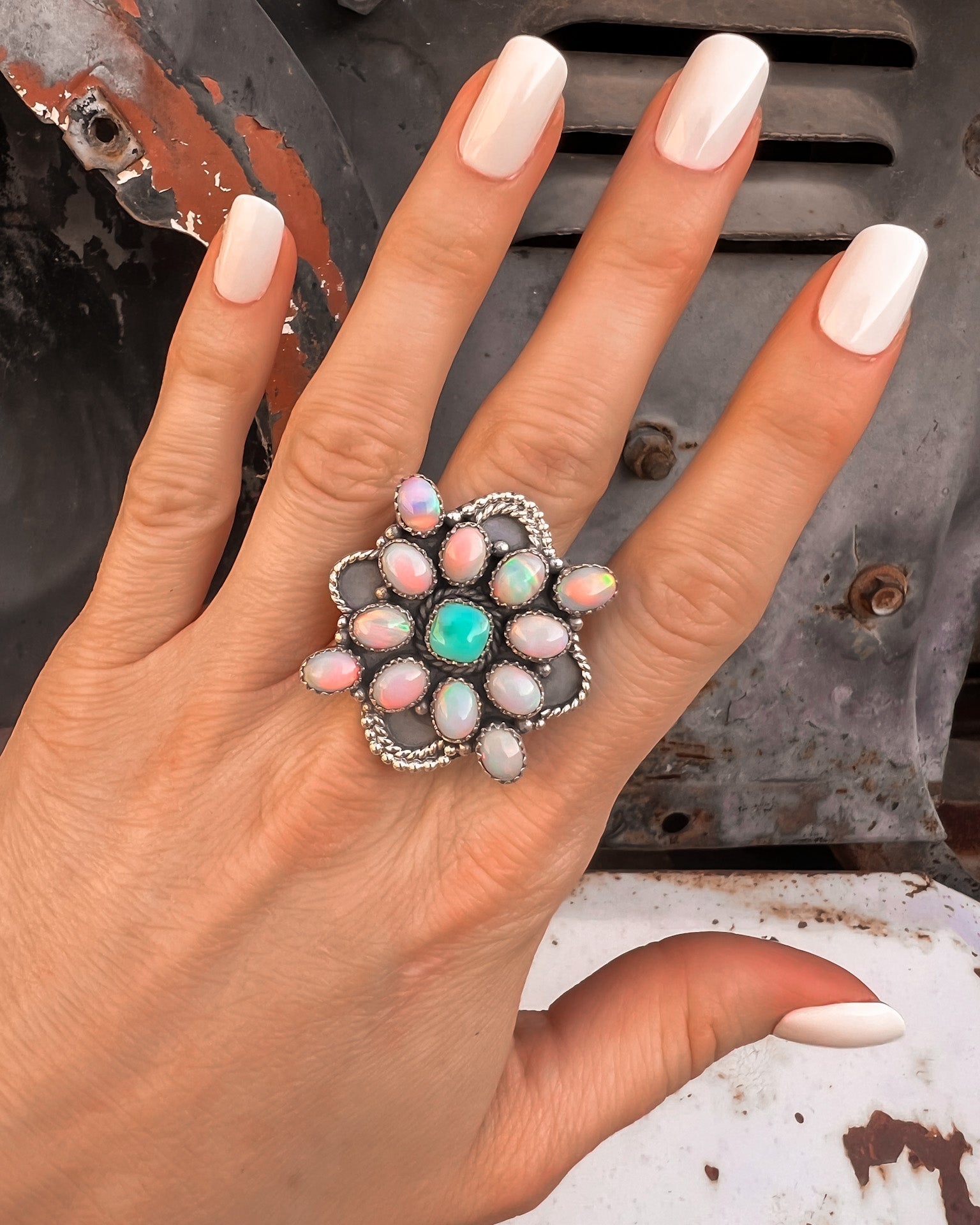 Aurora Opal Cluster Sterling Silver Ring-Rings-Krush Kandy, Women's Online Fashion Boutique Located in Phoenix, Arizona (Scottsdale Area)