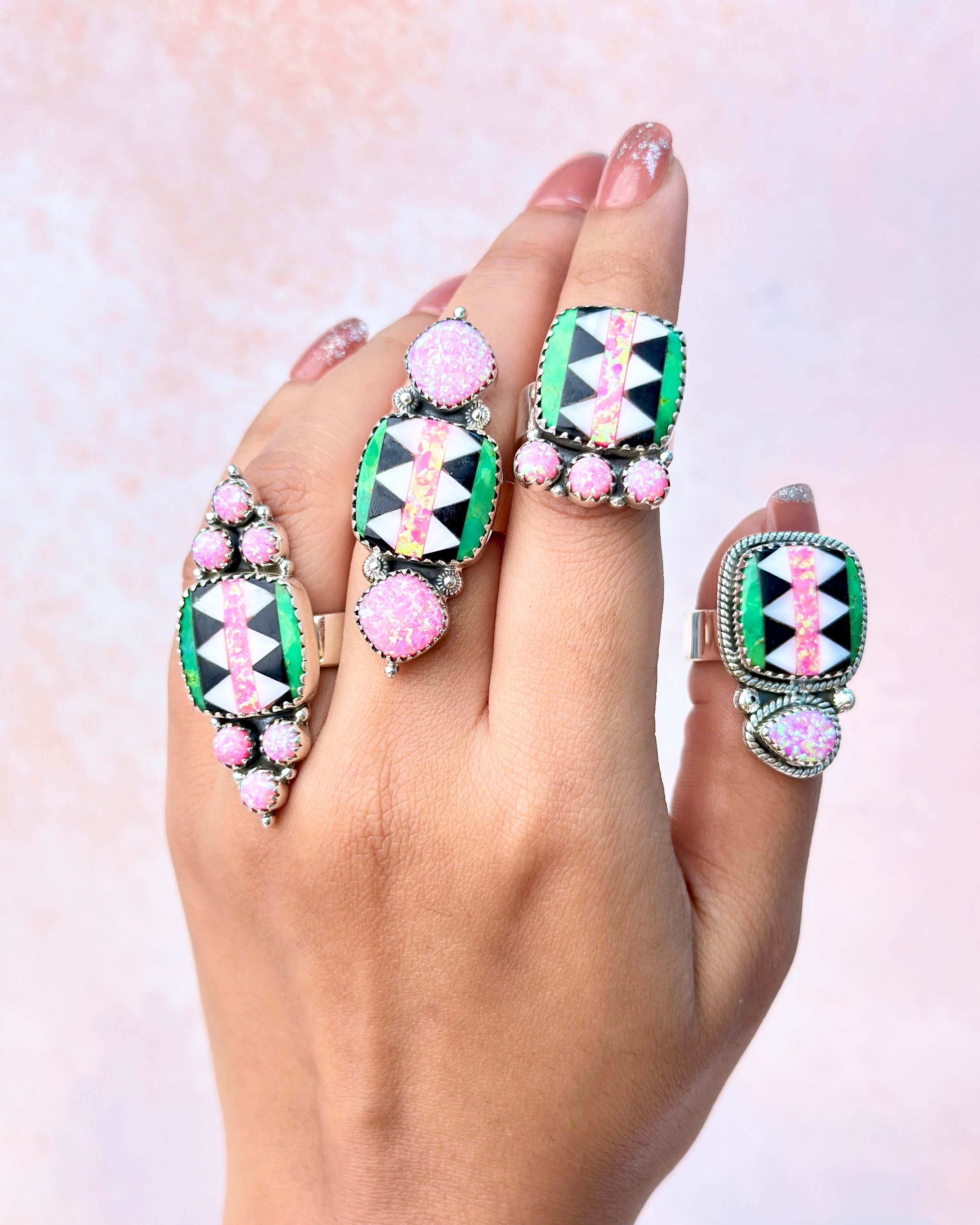 Fiery Pink Opal Aztec Pattern Mixed Rings-Rings-Krush Kandy, Women's Online Fashion Boutique Located in Phoenix, Arizona (Scottsdale Area)
