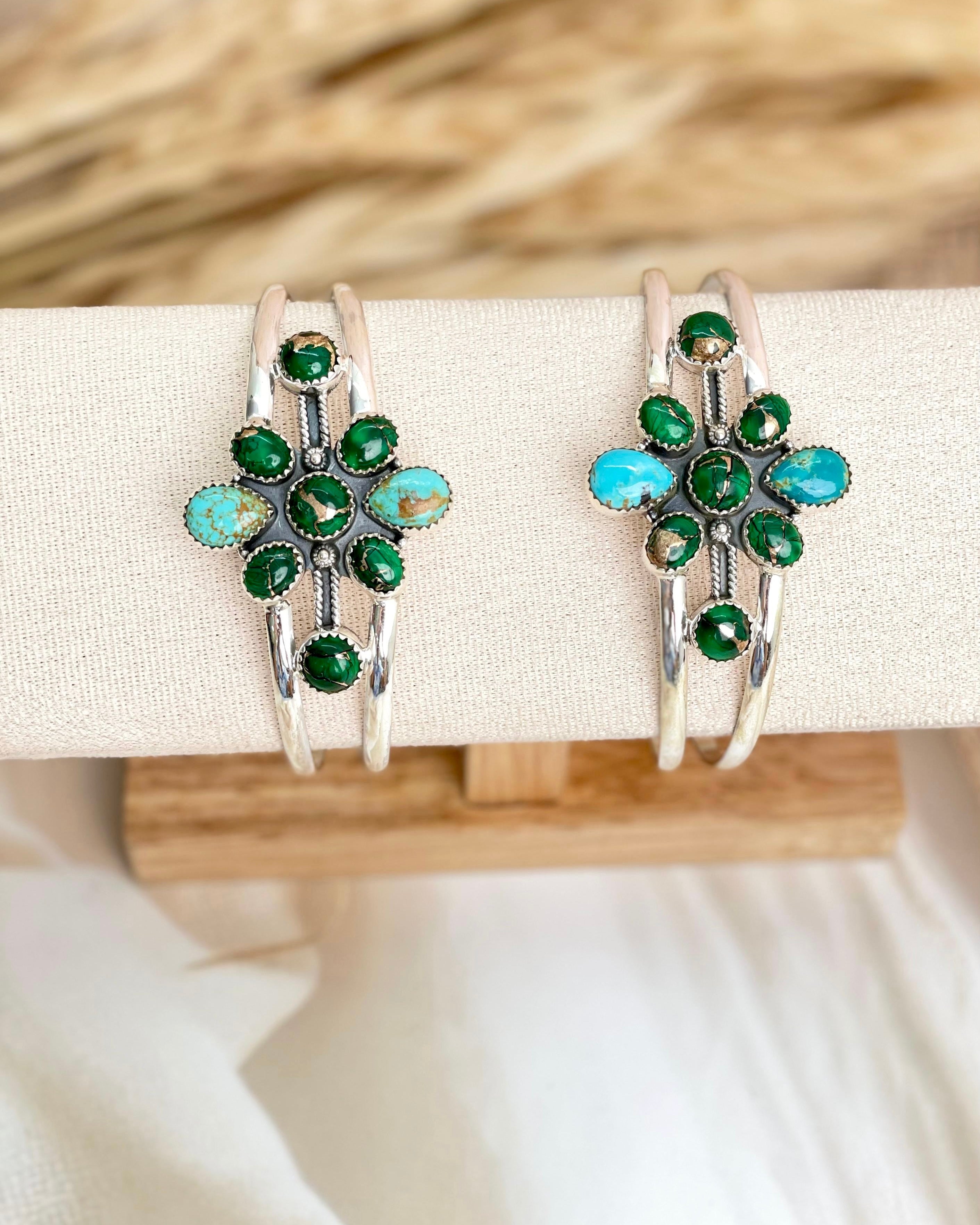 Irish Green Dahlia & Kingman Turquoise Adjustable Cuff Bangles sno 18-Bracelets-Krush Kandy, Women's Online Fashion Boutique Located in Phoenix, Arizona (Scottsdale Area)