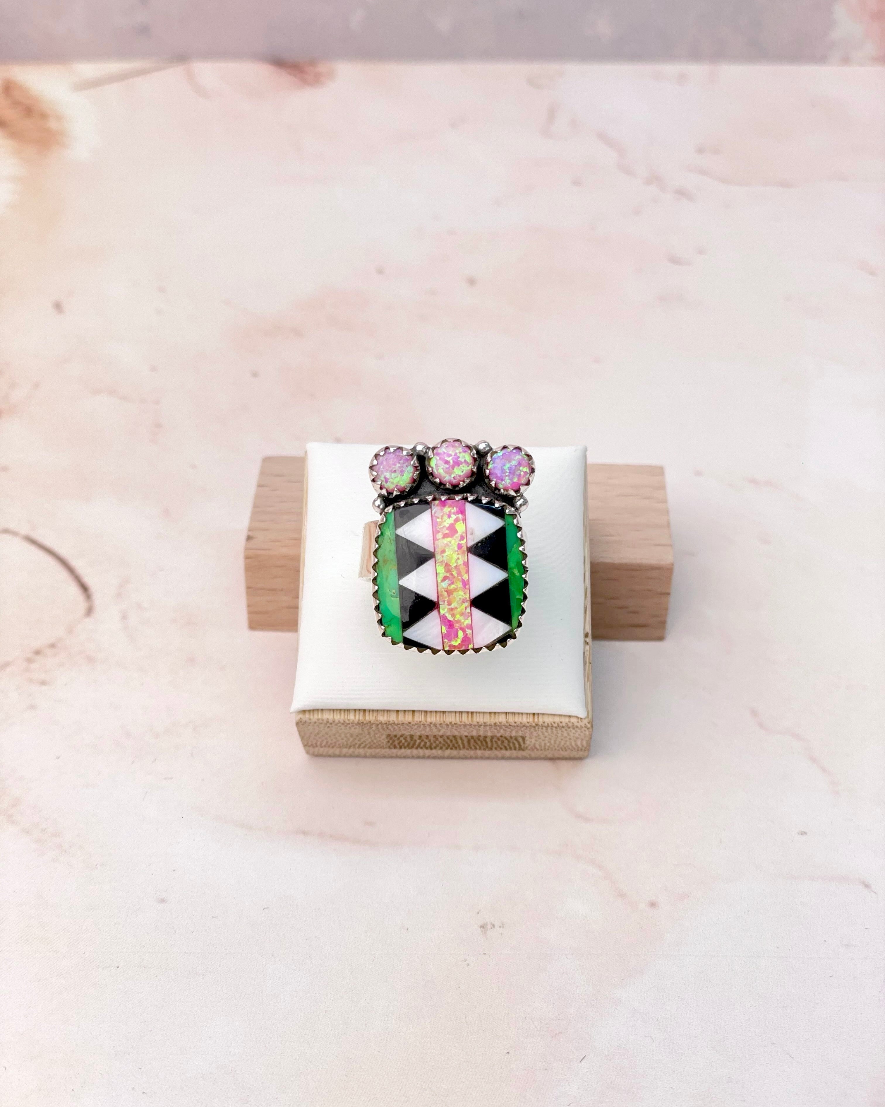 Fiery Pink Opal Aztec Pattern Small Rings-Rings-Krush Kandy, Women's Online Fashion Boutique Located in Phoenix, Arizona (Scottsdale Area)