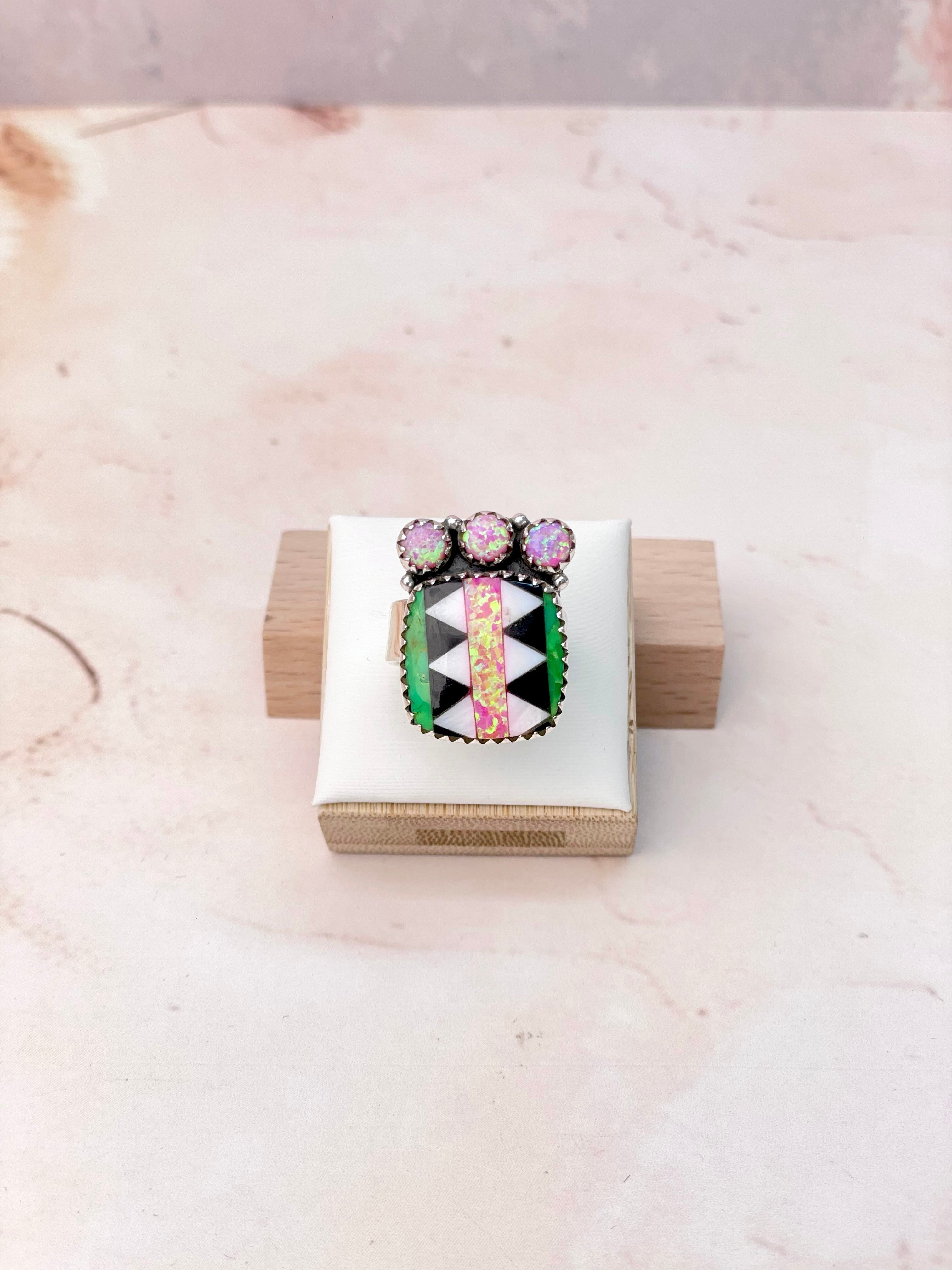 Fiery Pink Opal Aztec Pattern Small Rings-Rings-Krush Kandy, Women's Online Fashion Boutique Located in Phoenix, Arizona (Scottsdale Area)