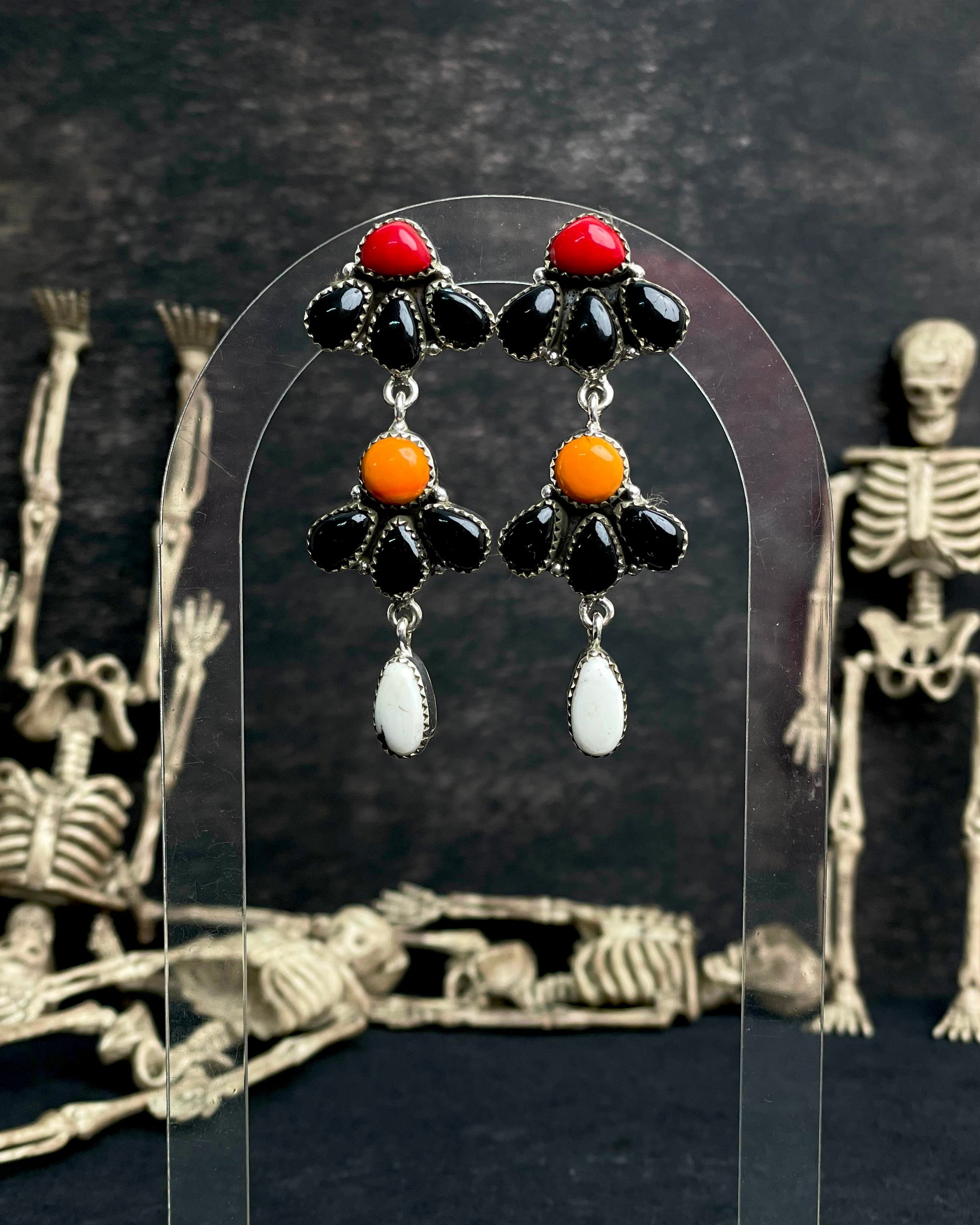 Black Onyx, White Buffalo, Red & Orange Rosarita Cluster Earrings-Earrings-Krush Kandy, Women's Online Fashion Boutique Located in Phoenix, Arizona (Scottsdale Area)