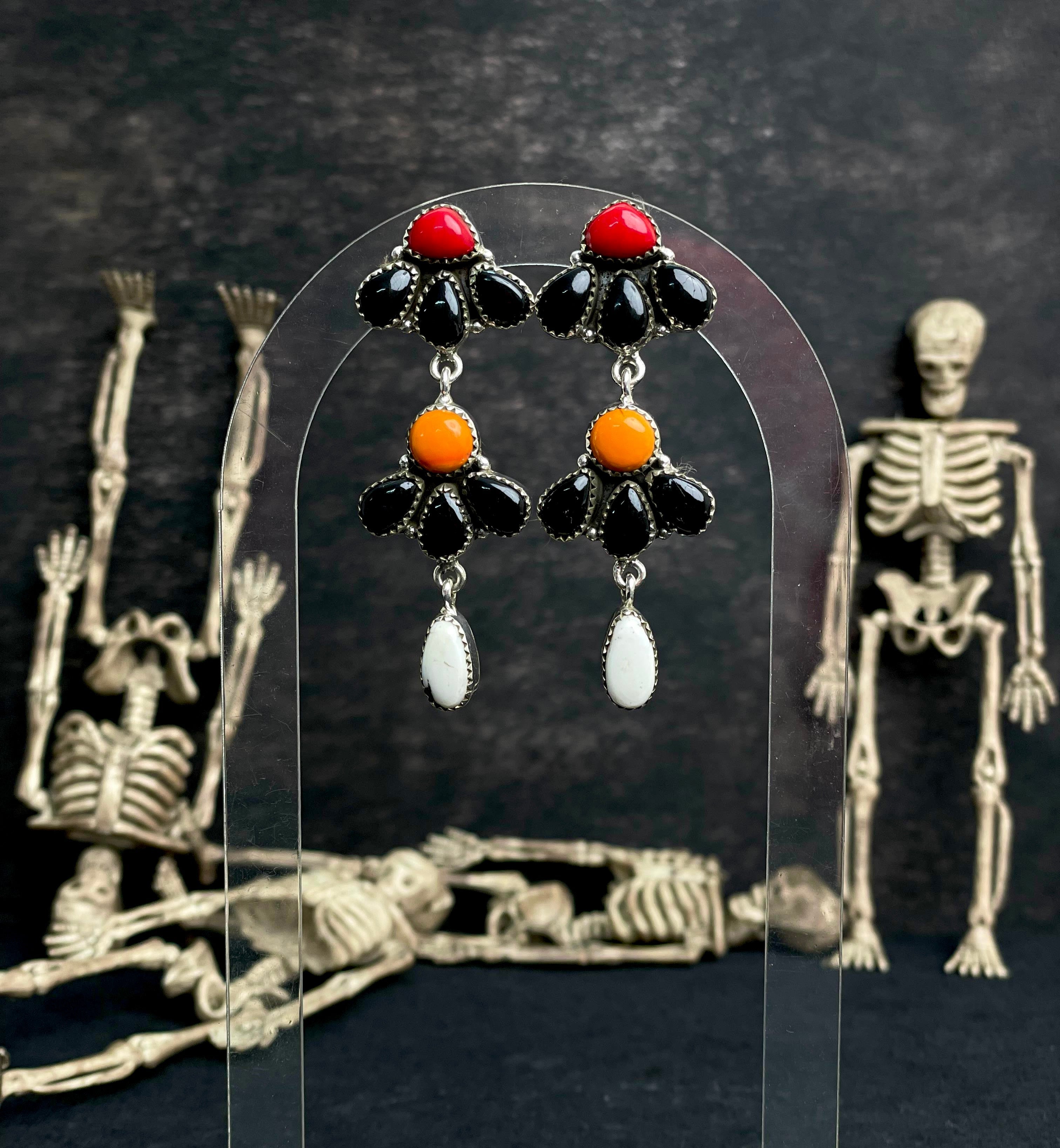 Black Onyx, White Buffalo, Red & Orange Rosarita Cluster Earrings-Earrings-Krush Kandy, Women's Online Fashion Boutique Located in Phoenix, Arizona (Scottsdale Area)