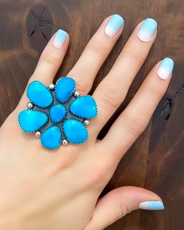 REAL Kingman Turquoise Flower Ring-Cluster Rings-Krush Kandy, Women's Online Fashion Boutique Located in Phoenix, Arizona (Scottsdale Area)