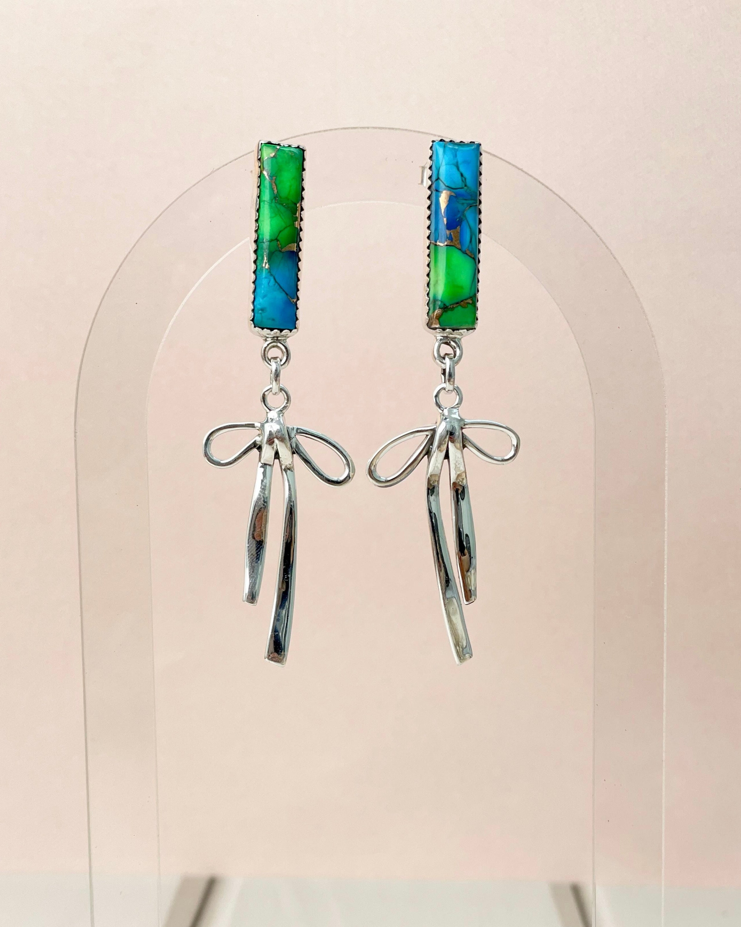 Peacock Dahlia Bar and Bow Earrings-Earrings-Krush Kandy, Women's Online Fashion Boutique Located in Phoenix, Arizona (Scottsdale Area)