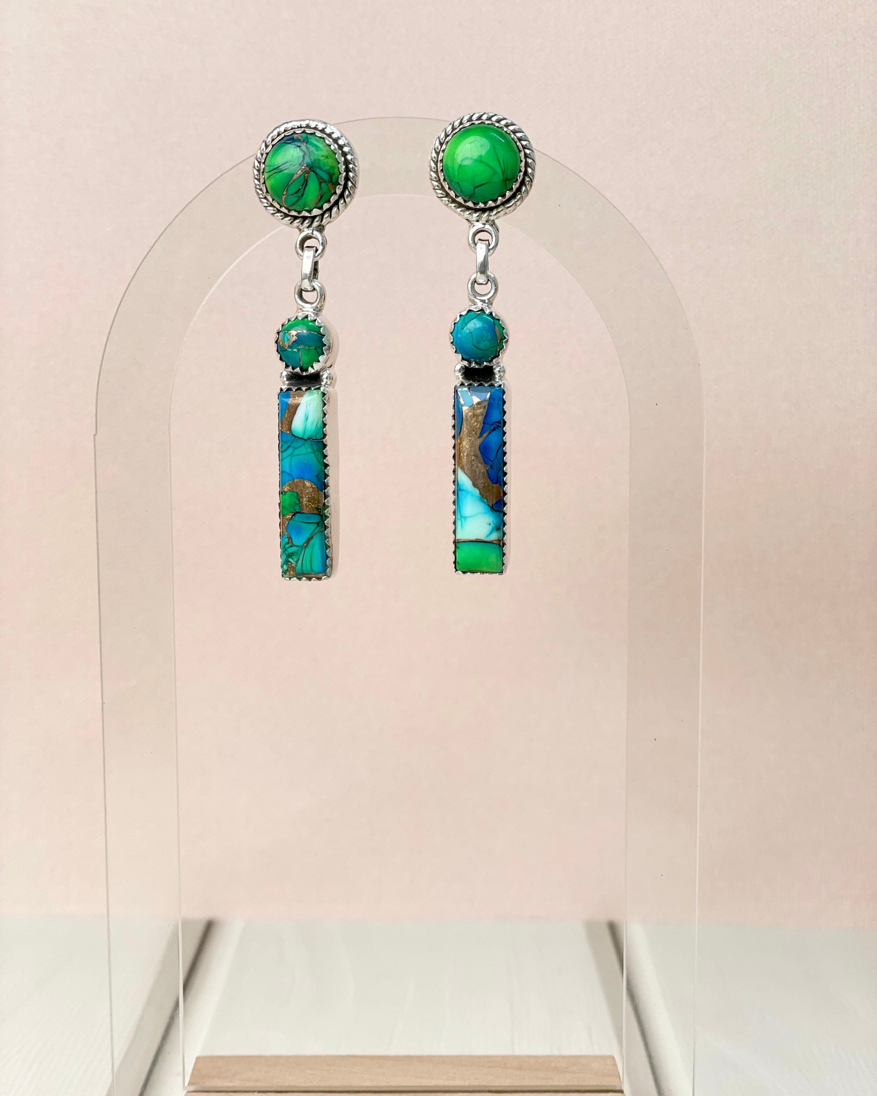 Peacock Dahlia Bar Drop Earrings-Earrings-Krush Kandy, Women's Online Fashion Boutique Located in Phoenix, Arizona (Scottsdale Area)