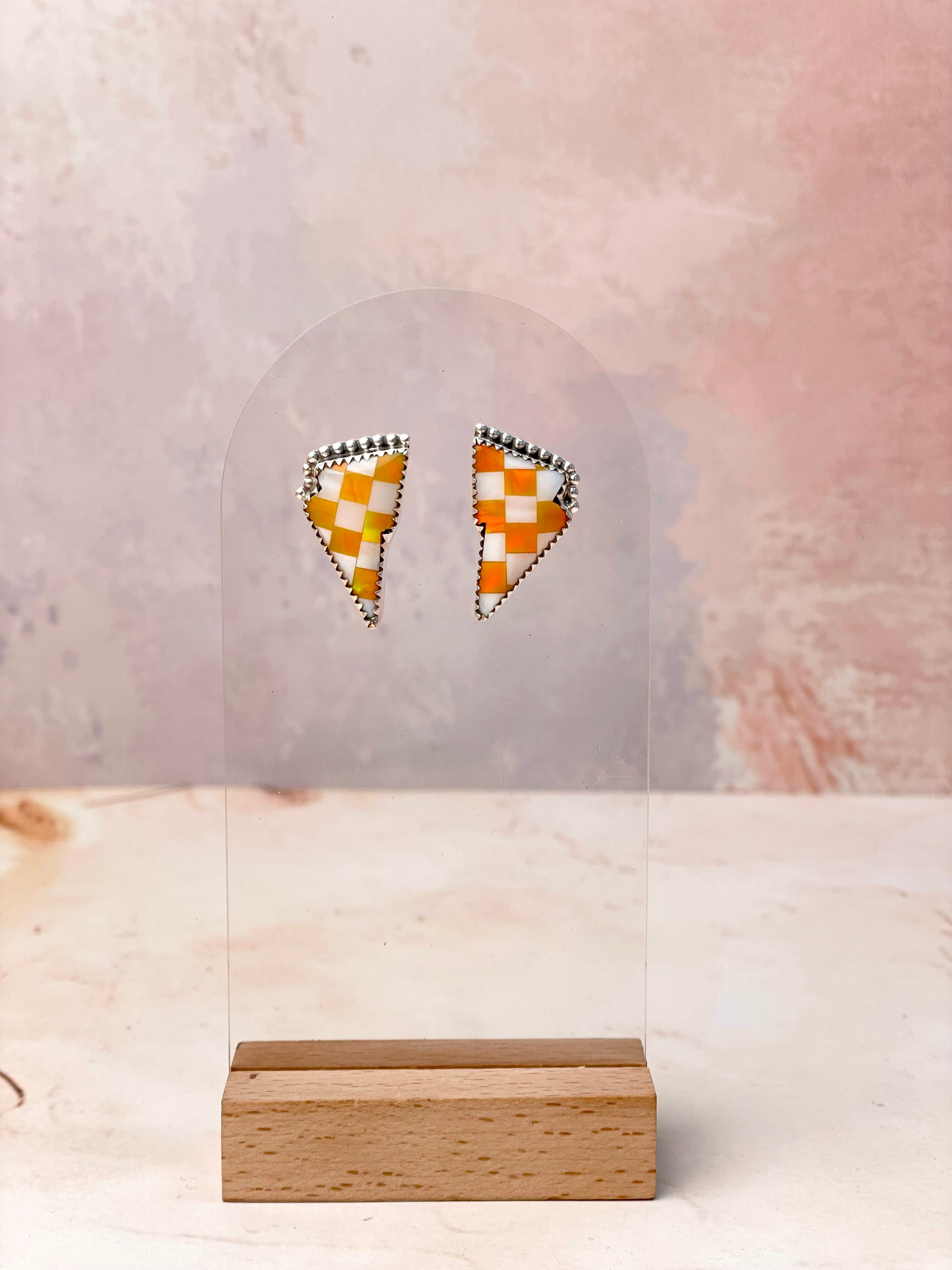 Orange Kandy Checkered Turquoise Bolt Studs-Earrings-Krush Kandy, Women's Online Fashion Boutique Located in Phoenix, Arizona (Scottsdale Area)