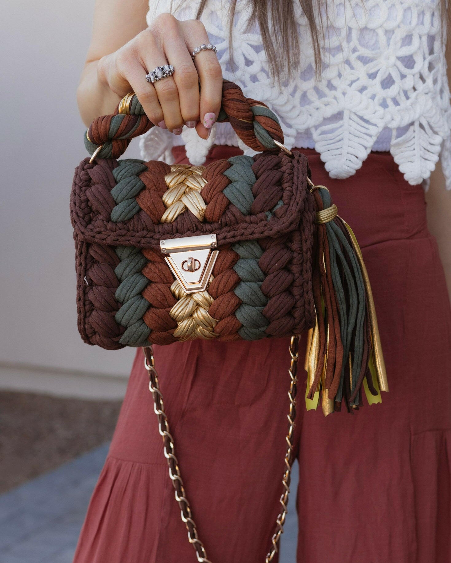 Chestnut Charm Metallic Leather Handmade Crochet Purse-handbags-Krush Kandy, Women's Online Fashion Boutique Located in Phoenix, Arizona (Scottsdale Area)