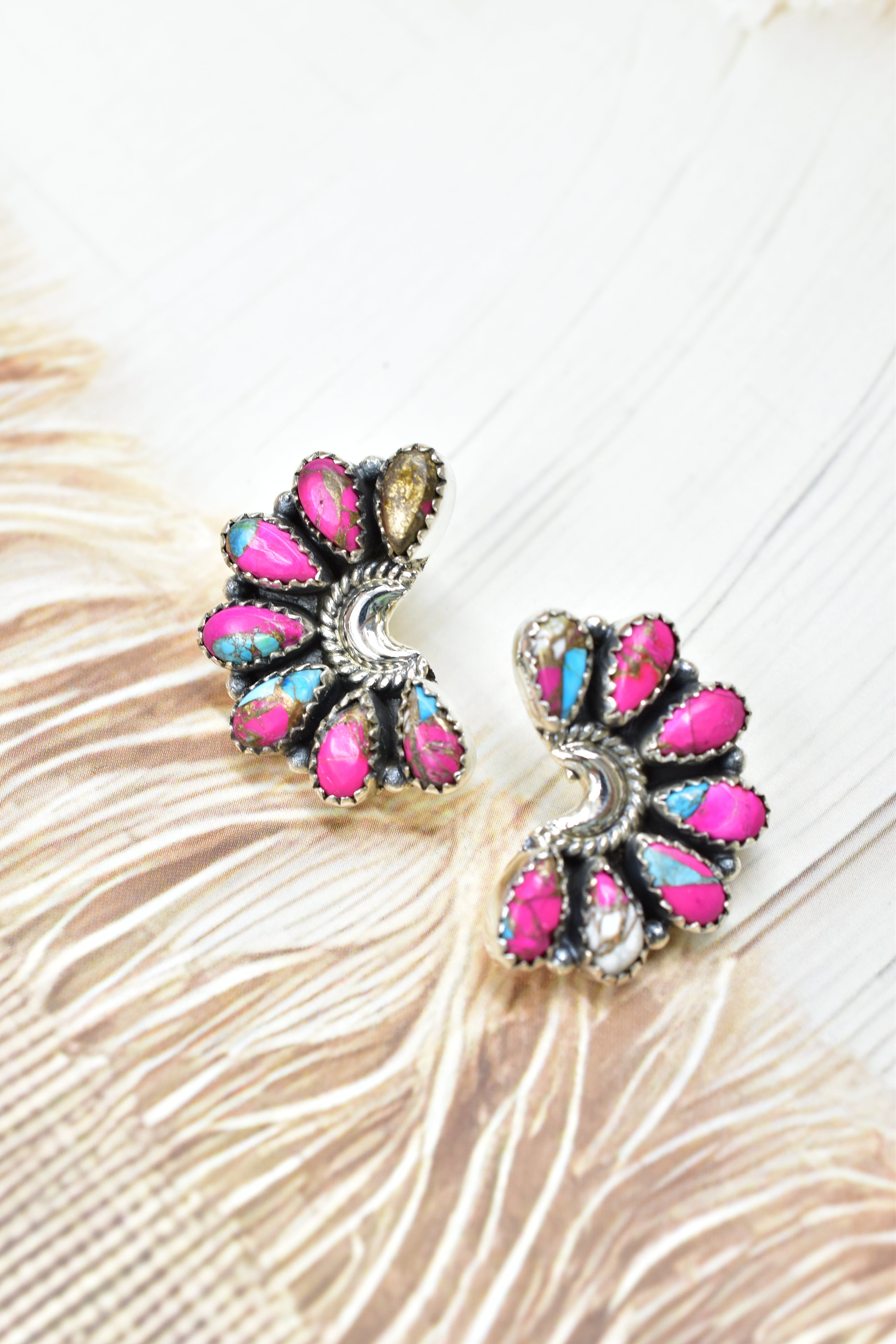 Sterling Half Moon Stone Cluster Earrings-Earrings-Krush Kandy, Women's Online Fashion Boutique Located in Phoenix, Arizona (Scottsdale Area)