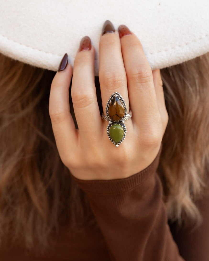 Desert Willow Brown & Green Double Stone Statement Ring.jpeg
