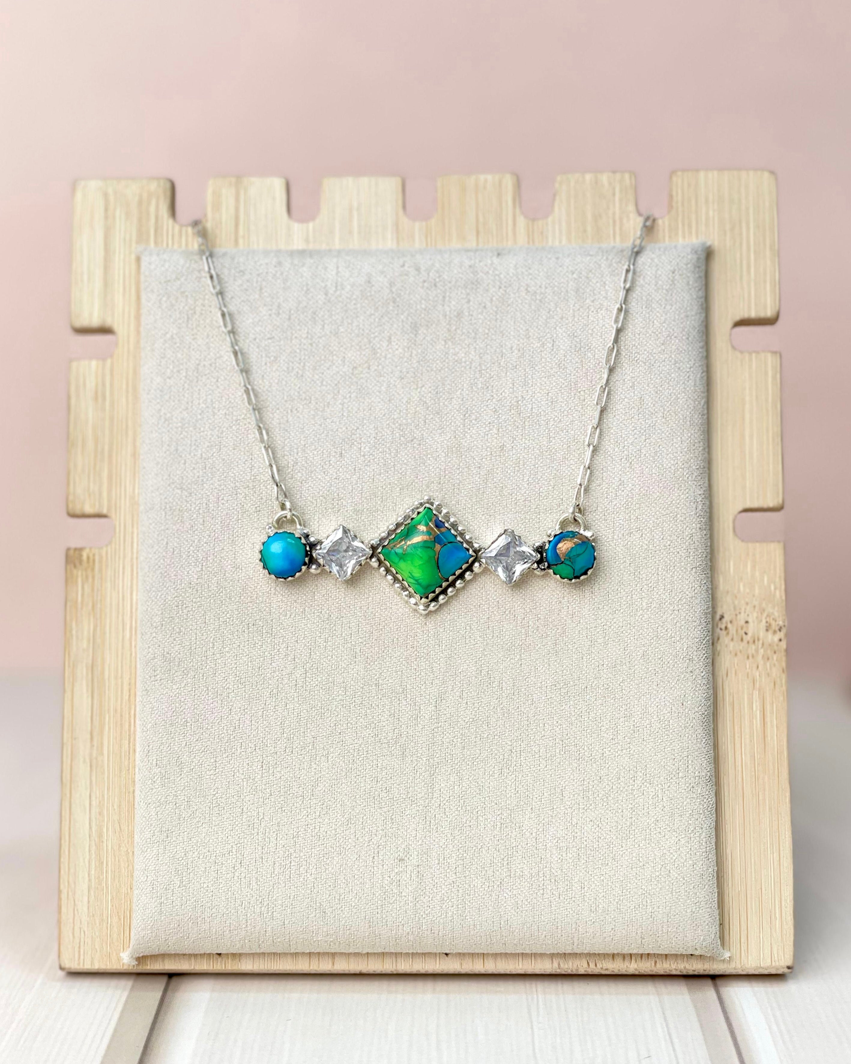 Peacock Dahlia Square CZ Bar Necklace-Necklaces-Krush Kandy, Women's Online Fashion Boutique Located in Phoenix, Arizona (Scottsdale Area)