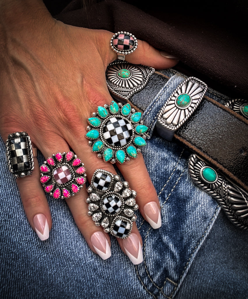 Turquoise & Checkered Sunflower Ring MADE TO ORDER-Statement Rings-Krush Kandy, Women's Online Fashion Boutique Located in Phoenix, Arizona (Scottsdale Area)