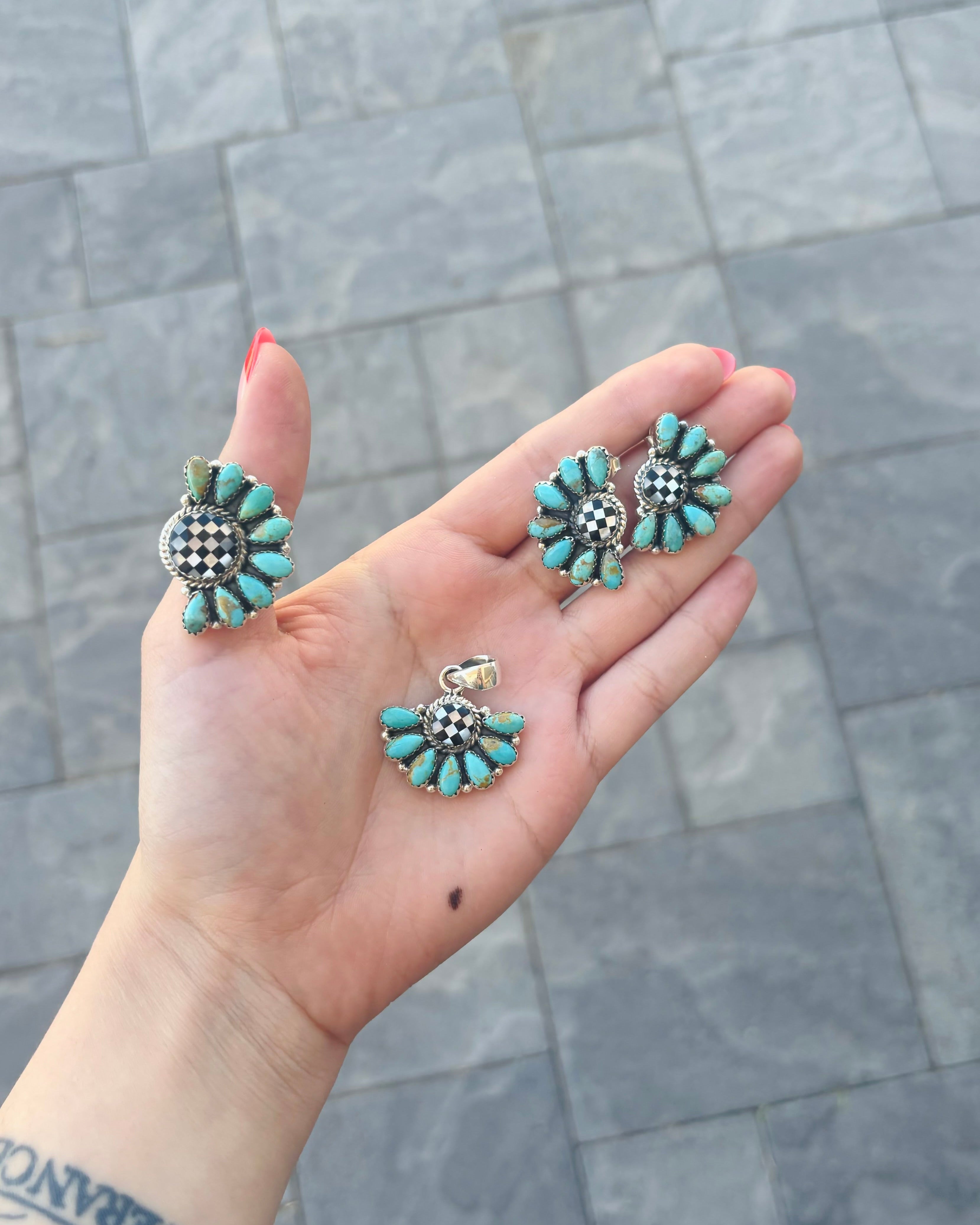 Turquoise & Checkered Pendant, Ring & Earrings-Jewelry Sets-Krush Kandy, Women's Online Fashion Boutique Located in Phoenix, Arizona (Scottsdale Area)
